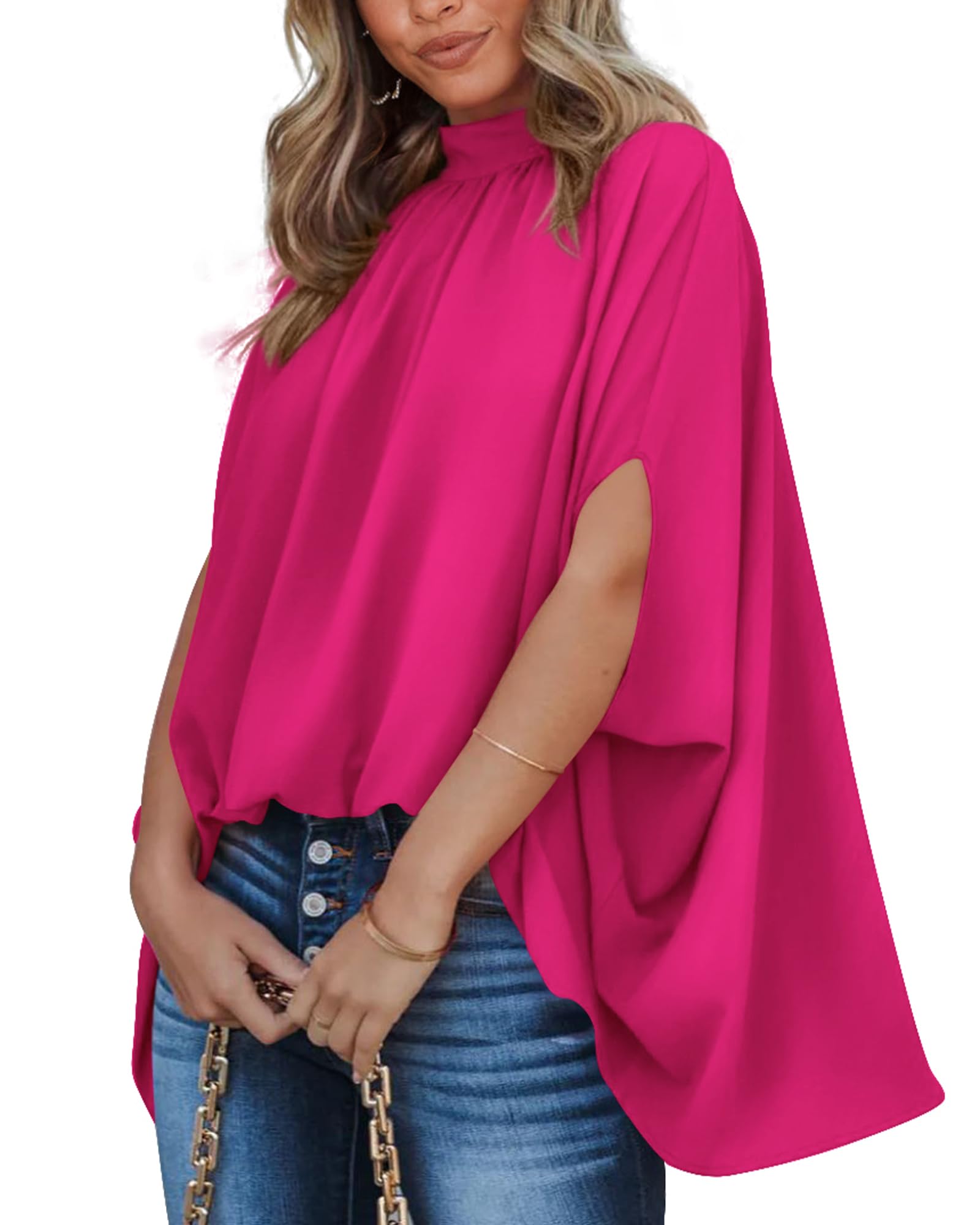 FreshPretty Womens Summer Tops Fall Mock Neck Batwing Sleeve Shirts Loose High Low Hem Oversized Dressy Casual Blouses