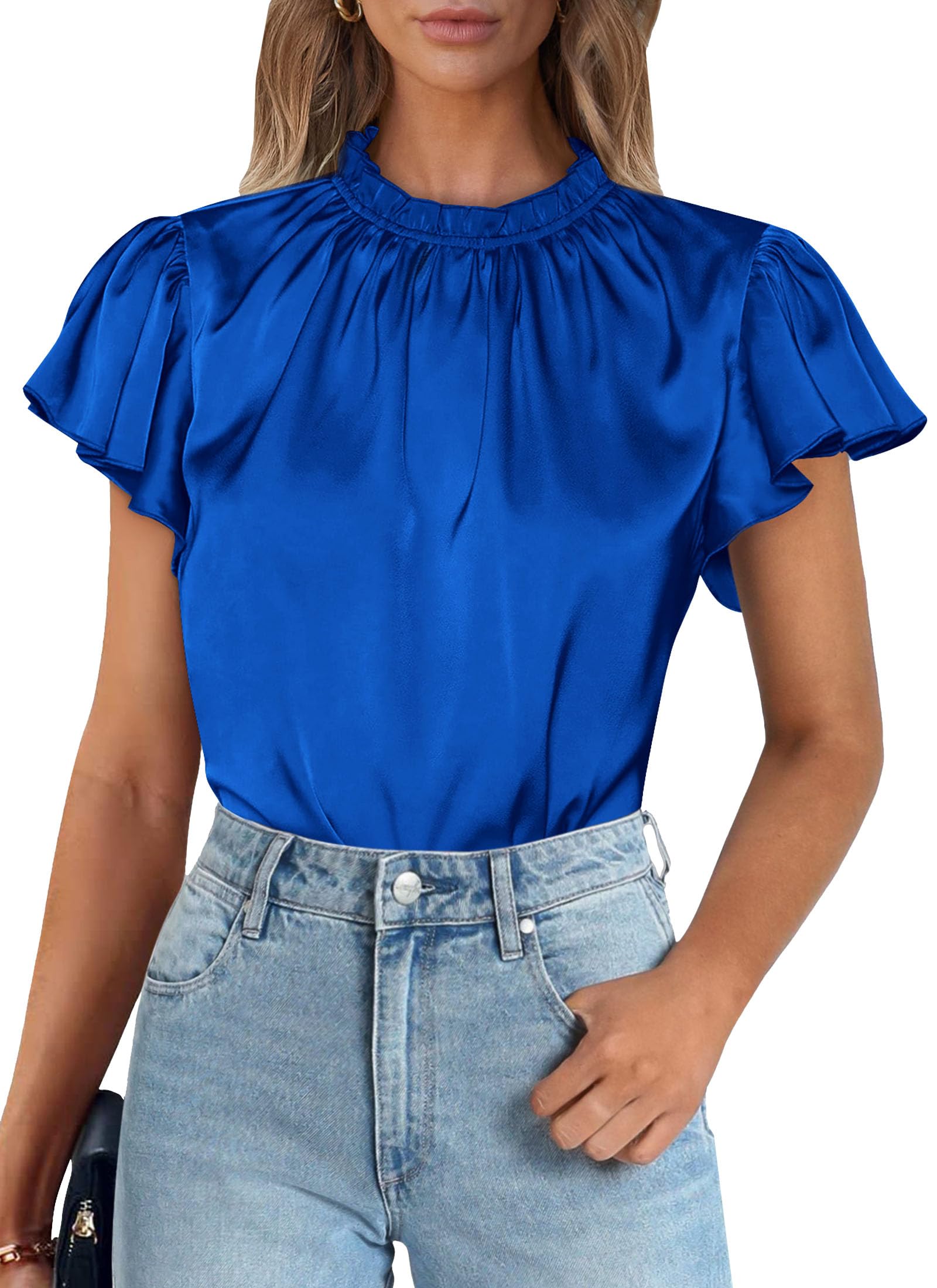 PRETTYGARDEN Business Casual Tops for Women Blouses Dressy  Summer Short Sleeve Ruffle Satin Work Office Attire