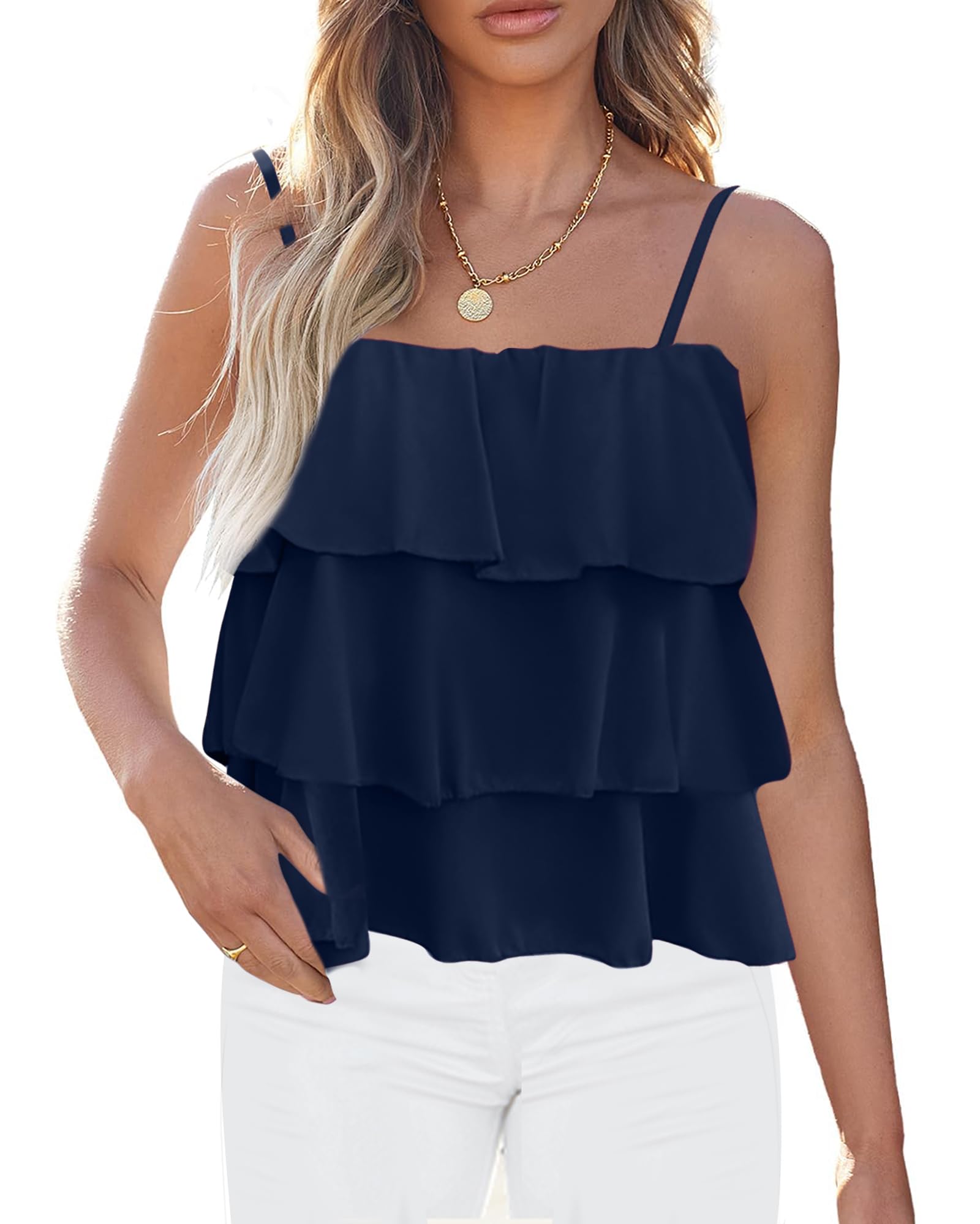 FreshPretty Spaghetti Strap Ruffle Babydoll Peplum Tank Tops for Women Summer Cute Flowy Beach Vacation Cruise Outfits