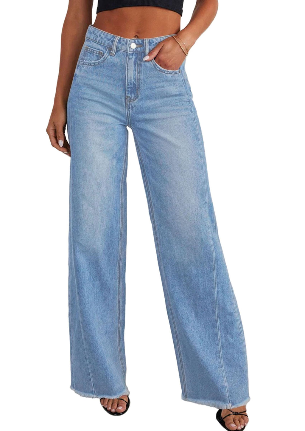 PRETTYGARDEN Wide Leg Jeans for Women Trendy High Waisted Stretchy Baggy Raw Hem Denim Palazzo Pants Fall Clothes