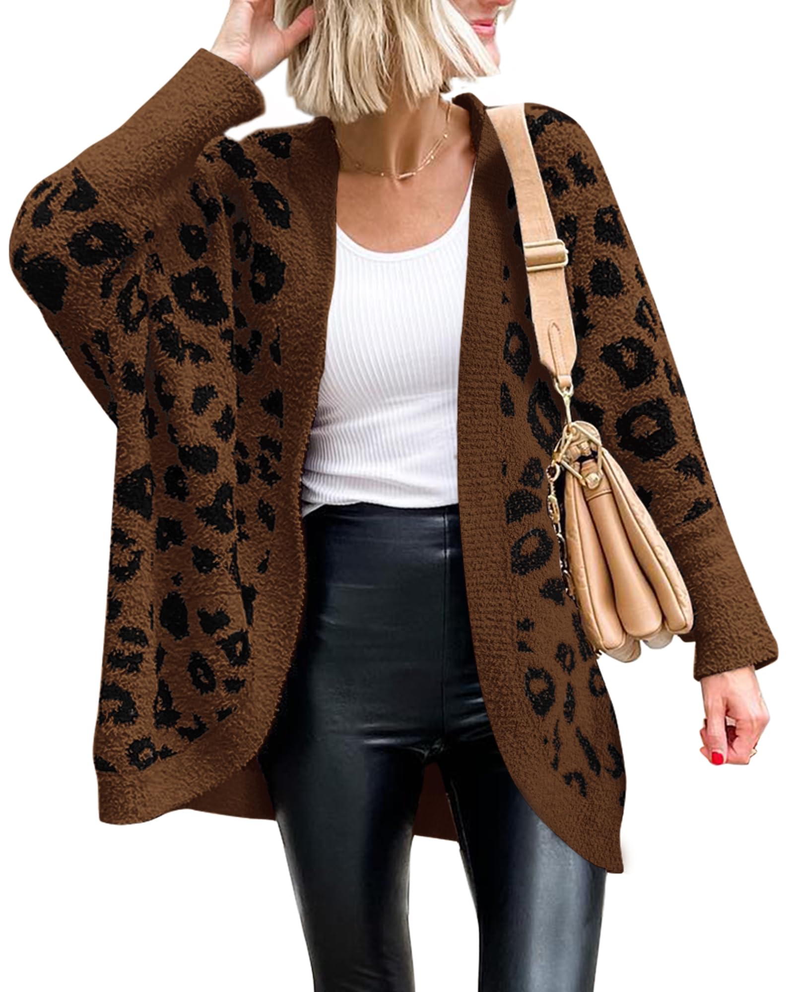 FreshPretty Leopard Cardigan for Women Long Sleeve Open Front Cardigans Sweaters Pockets Loose Knit Fall Winter Outwear