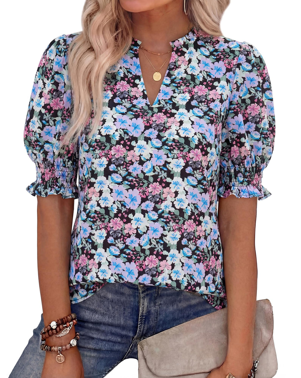BTFBM Summer Blouses for Women Dressy Casual Fashion Spring Tops Floral Boho V Neck Puff Short Sleeve Top Shirts
