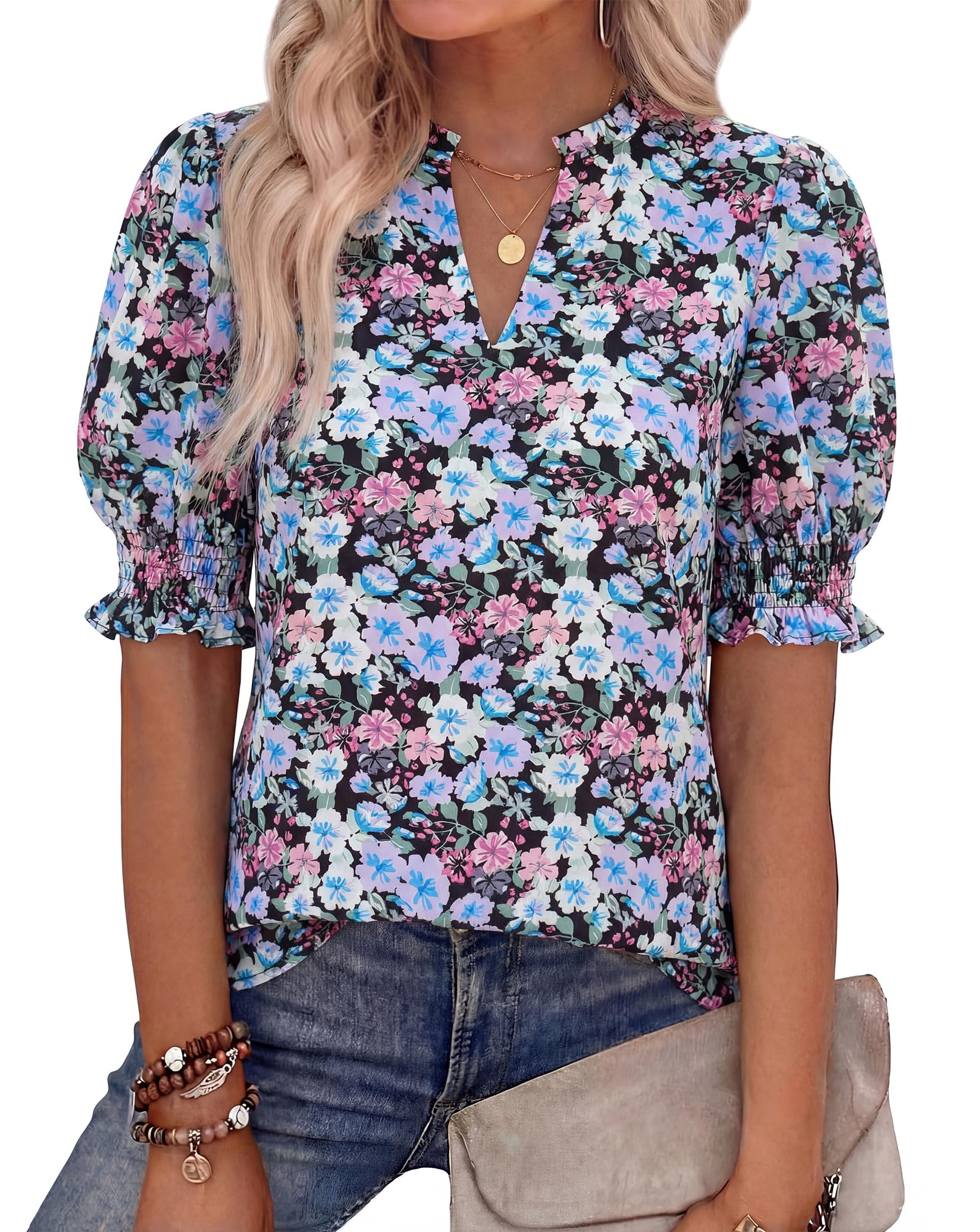 BTFBM Summer Blouses for Women Dressy Casual Fashion Spring Tops Floral Boho V Neck Puff Short Sleeve Top Shirts
