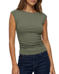 FreshPretty Womens Summer Tops Boat Neck Cap Sleeve Tee Shirts Ruched Slim Fit Knit Going Out Tank Top Spring Fashion