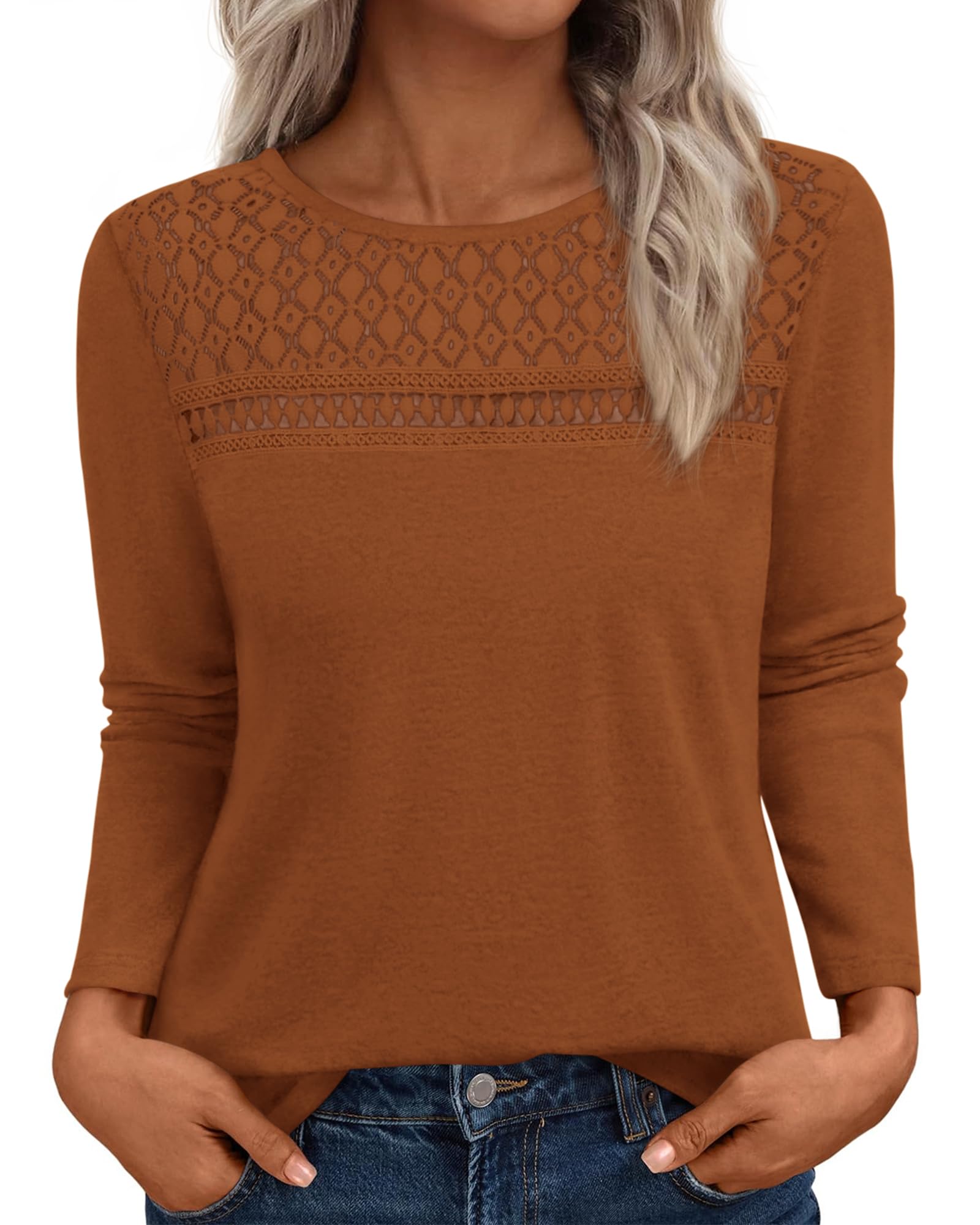 FreshPretty Lace Long Sleeve Shirts Womens Tops Dressy Casual Knit Boho Lightweight Blouses Winter Clothing Fall Fashion