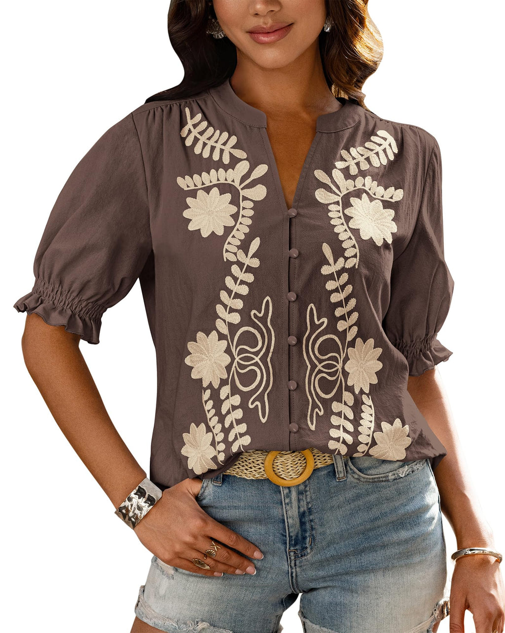 BTFBM Women's Spring Tops Casual Floral Boho V Neck Puff Short Sleeve Button Down Shirts Embroidered Blouses Tunic