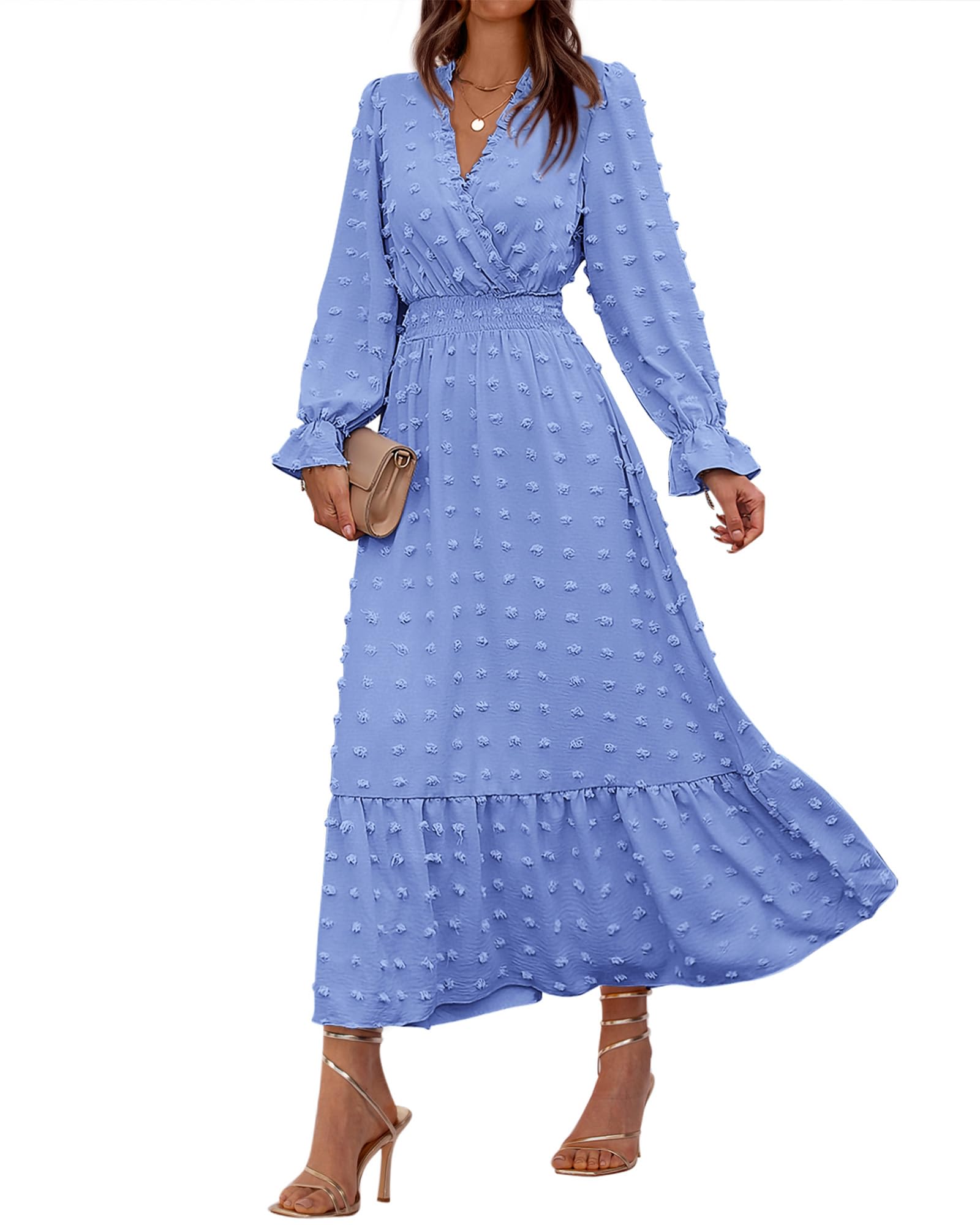 FreshPretty Women Fall Maxi Dresses Long Sleeve V Neck Swiss Dots High Waisted A-Line Ruffle Boho Long Dress Vacation