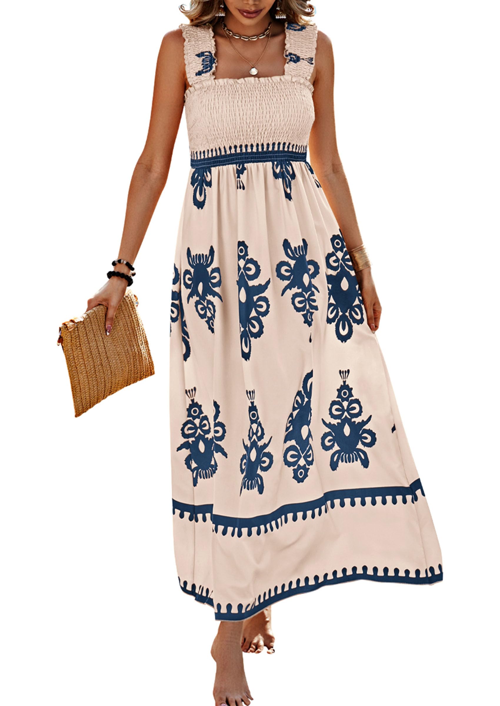 PRETTYGARDEN Womens Summer Boho Maxi Dress Casual Sleeveless Square Neck Floral Aline Smocked Beach Dresses with Pockets