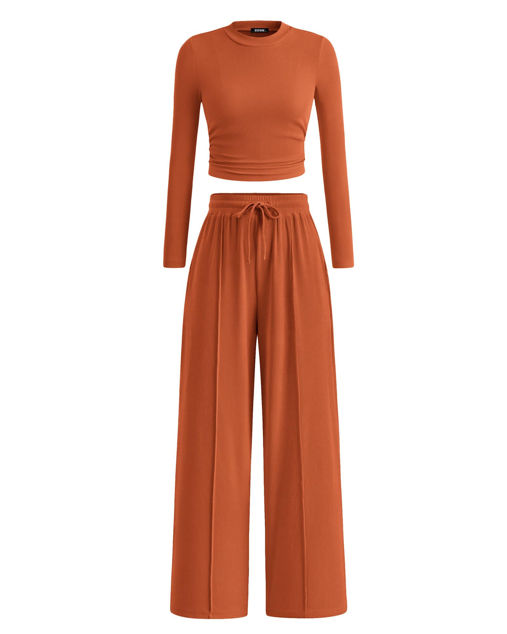 BTFBM Casual 2 Piece Sets For Women Fall Outfits Ribbed Spring Long Sleeve Crop Top Wide Leg Pants Matching Lounge Set