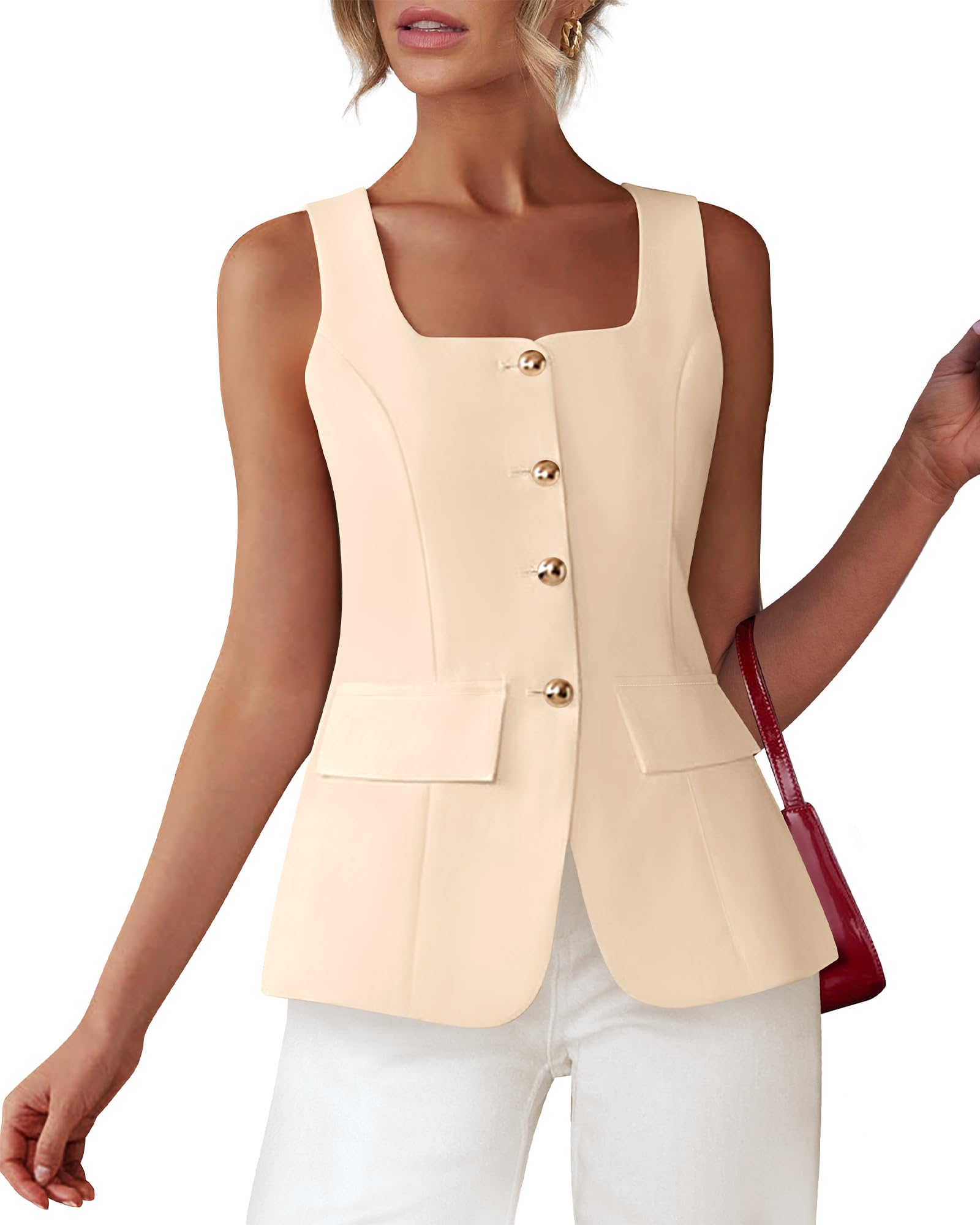 BTFBM Womens Sleeveless Suit Vests Dressy Casual Square Neck Business Work Waistcoat Spring Button Blazer Vest Tops