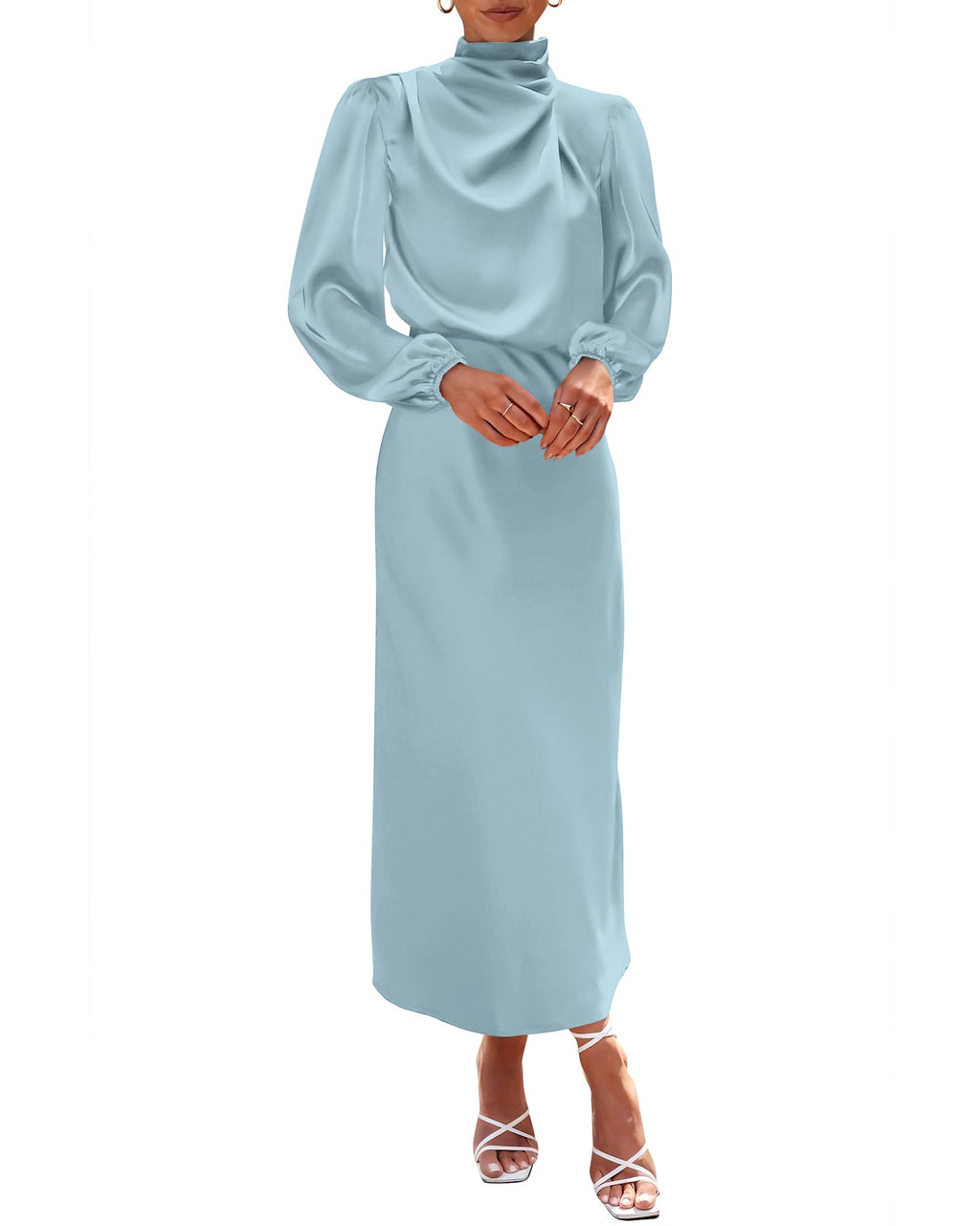 BTFBM Womens Mock Neck Satin Dress Spring Summer Long Sleeve Lightweight Formal Wedding Party Maxi Cocktail Dresses