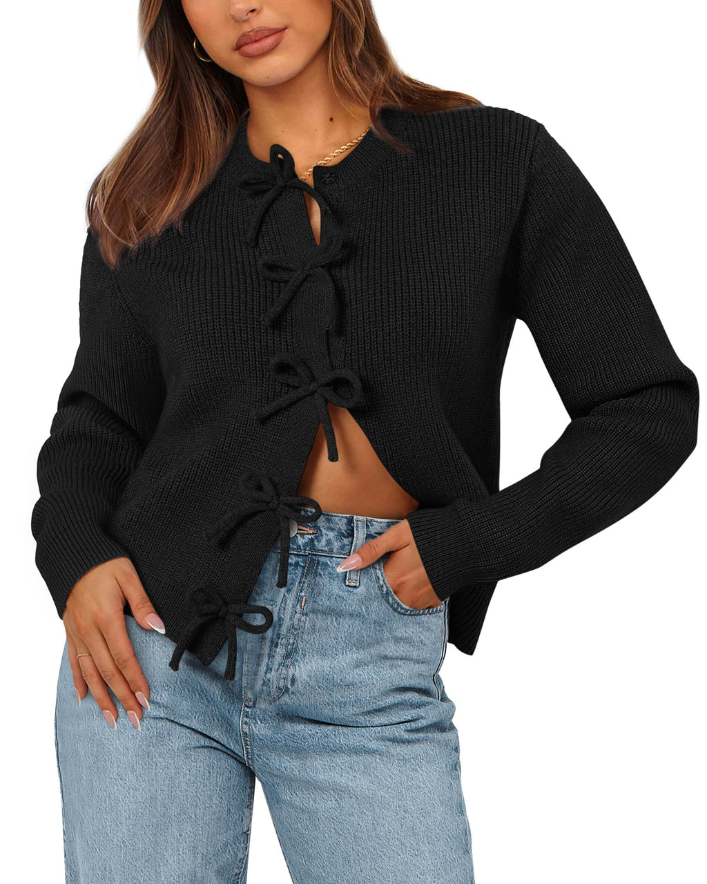 BTFBM Bow Cropped Cardigan Sweaters for Women Fall Winter Open Front Sweater Long Sleeve Button Fashion Spring Clothes