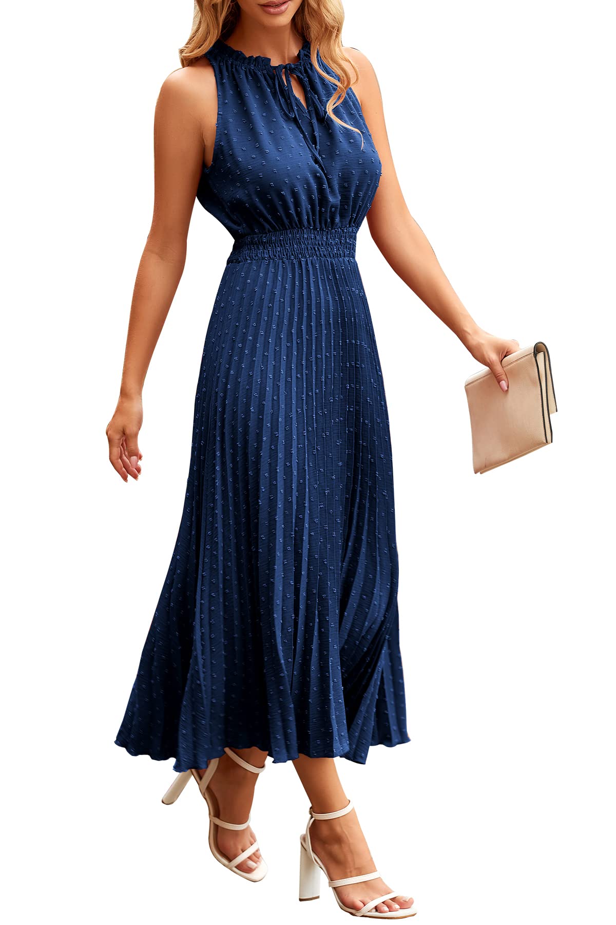 PRETTYGARDEN Women's Midi Summer Dresses Casual V Neck Swiss Dot Ruffle Sleeveless A Line Beach Sun Dress