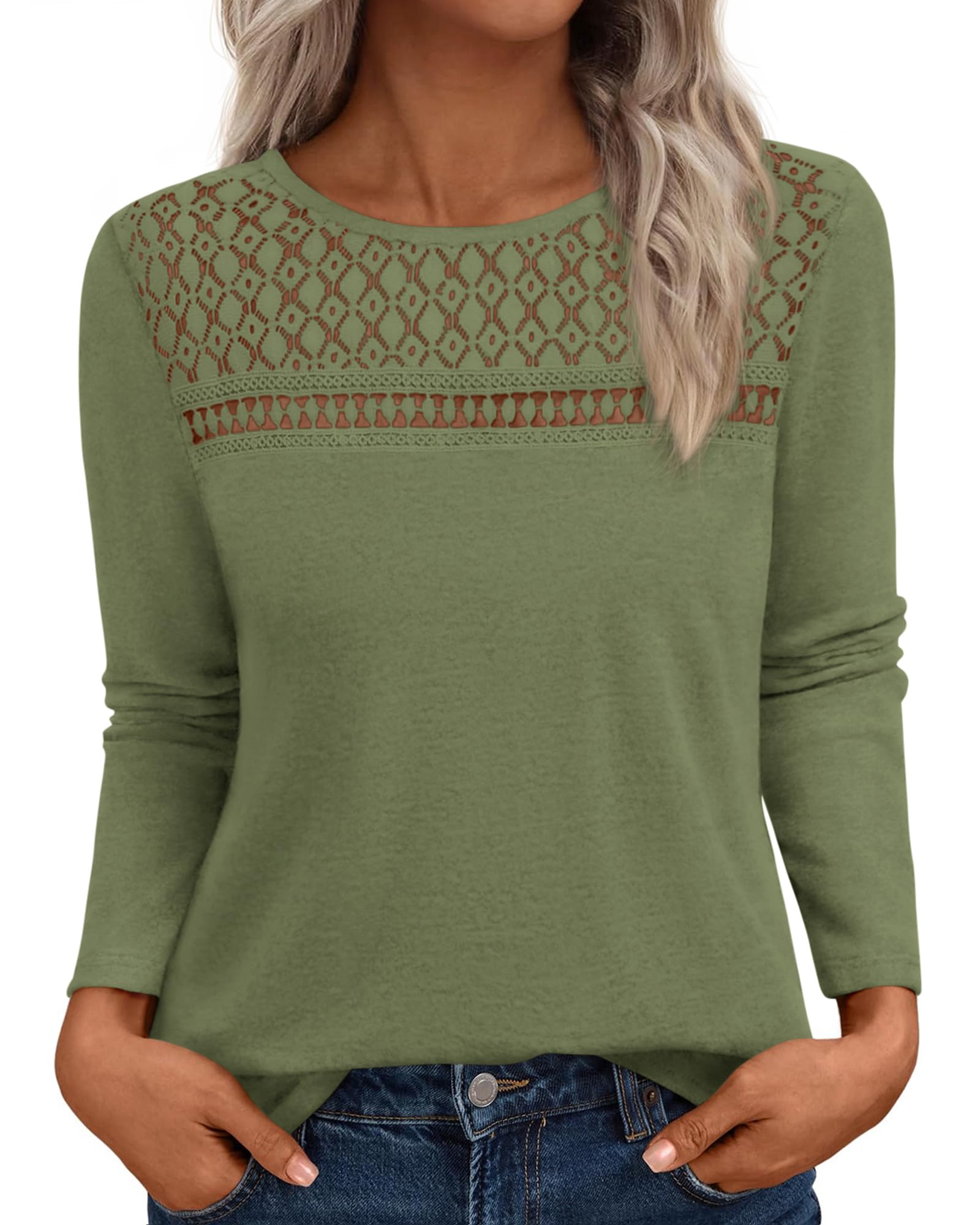 FreshPretty Lace Long Sleeve Shirts Womens Tops Dressy Casual Knit Boho Lightweight Blouses Winter Clothing Fall Fashion