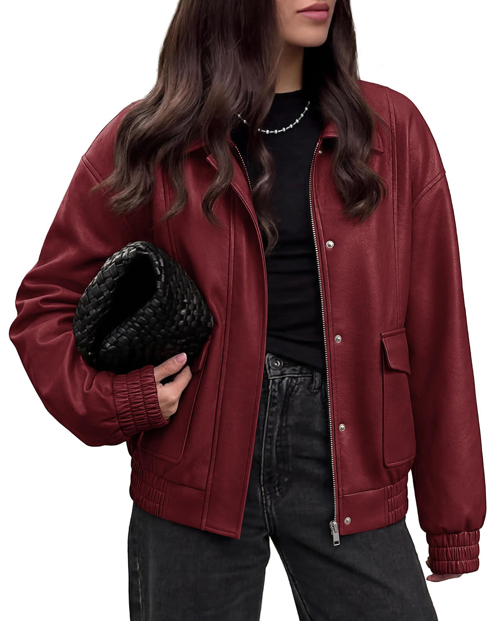 BTFBM Faux Leather Jacket Women Fall Clothes Long Sleeve, Bomber Jackets, Snaps, Pockets, Oversized, Zip Up Motorcycle Outerwear, Airport, Going Out Outfits, Winter Coat
