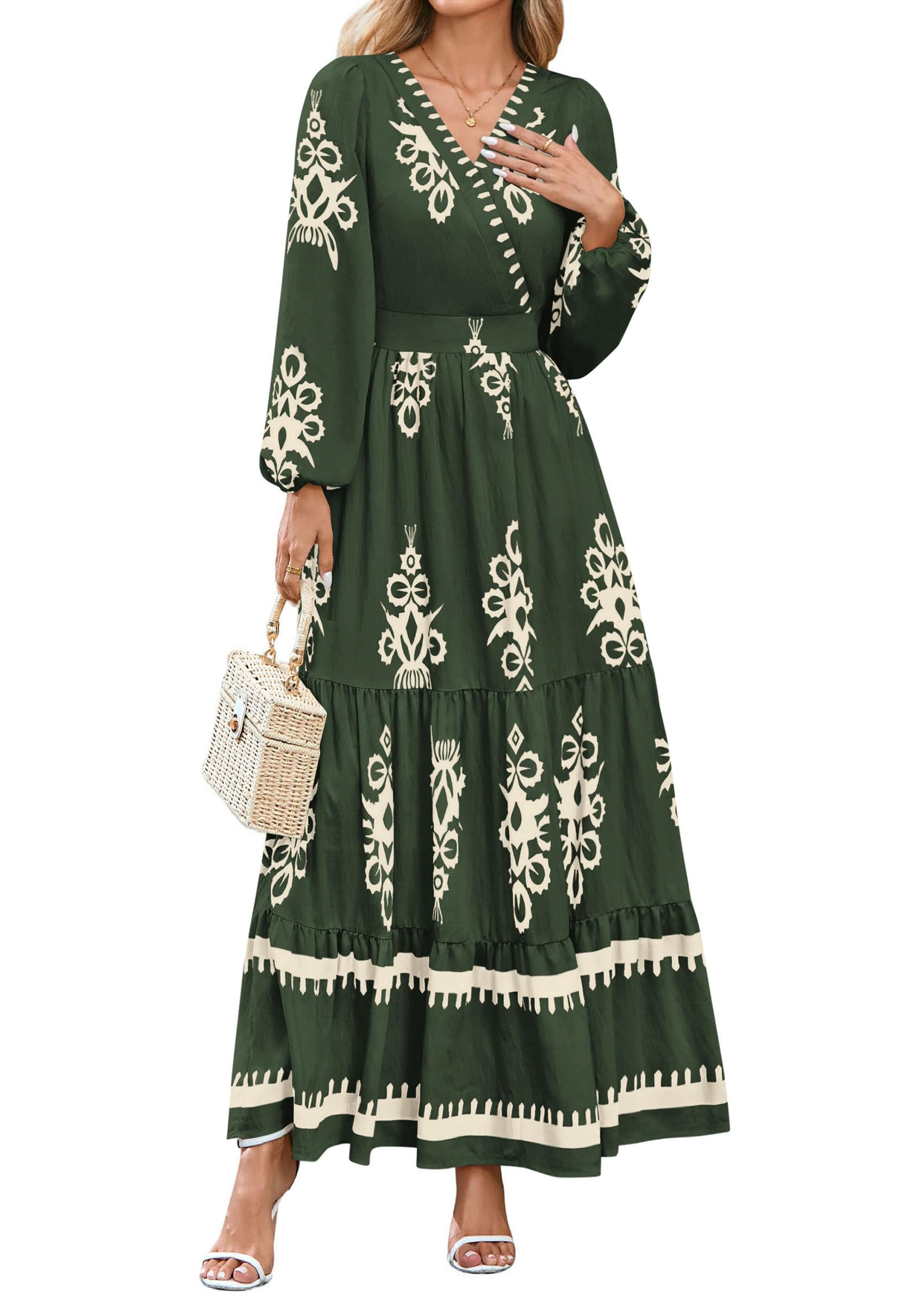 PRETTYGARDEN Women's Fall Wedding Guest Dresses Boho Floral Long Sleeve V Neck Flowy Elegant Maxi Dress Beach Clothes