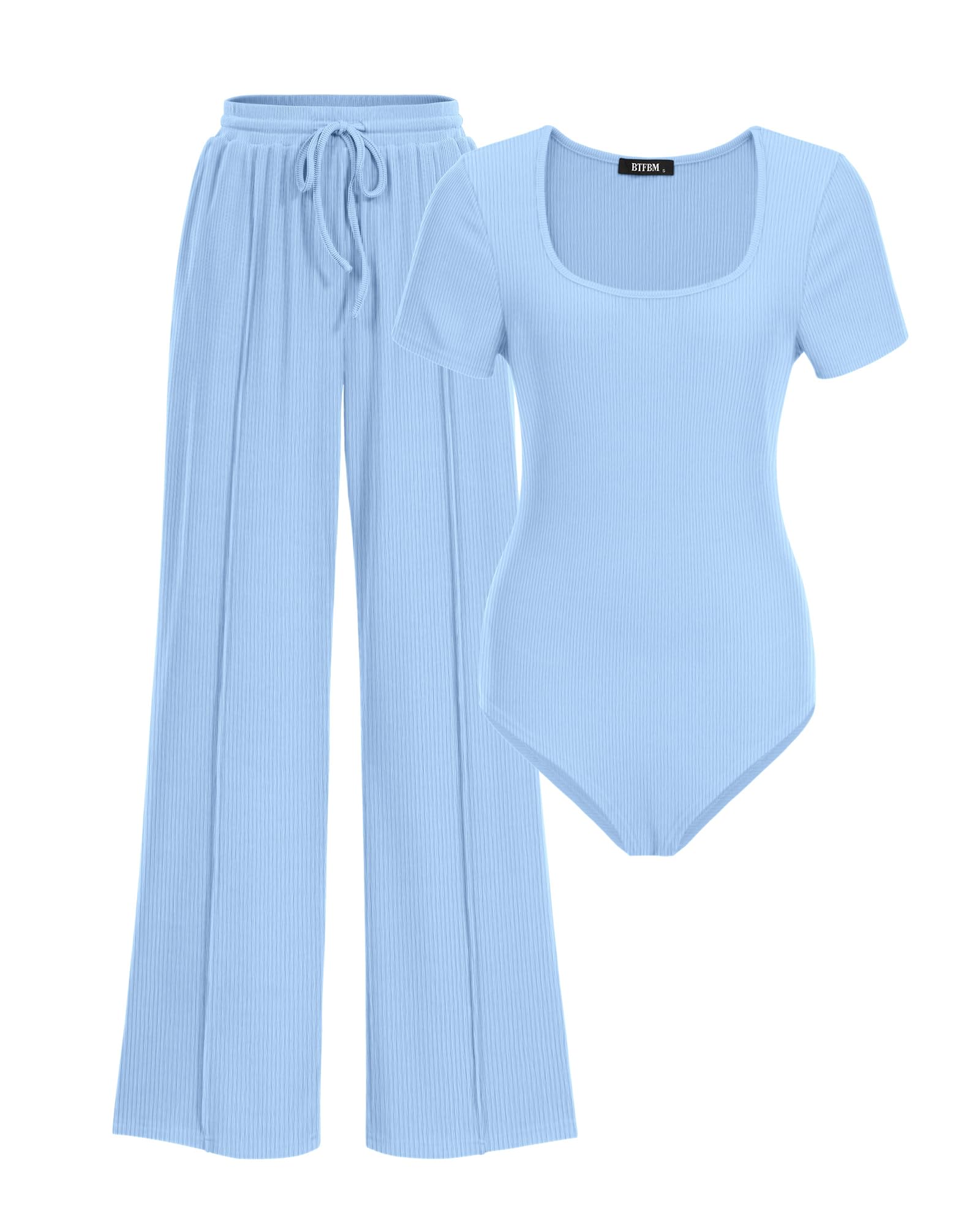 BTFBM Womens Summer 2 Piece Outfits Square Neck Short Sleeve Drawstring Pants Knit Spring Lounge Matching Sets