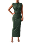FreshPretty Women's Ruched Bodycon Dress Summer Casual Sleeveless Back Slit Elegant Club Evening Party Cocktail Maxi Dresses