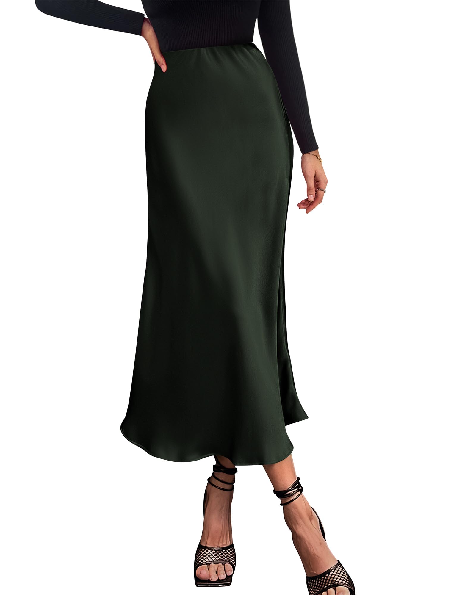 BTFBM Summer Womens Skirts Silk Elegant High Waist Flowy Long Satin A-Line Midi Skirt Cocktail Wedding Party