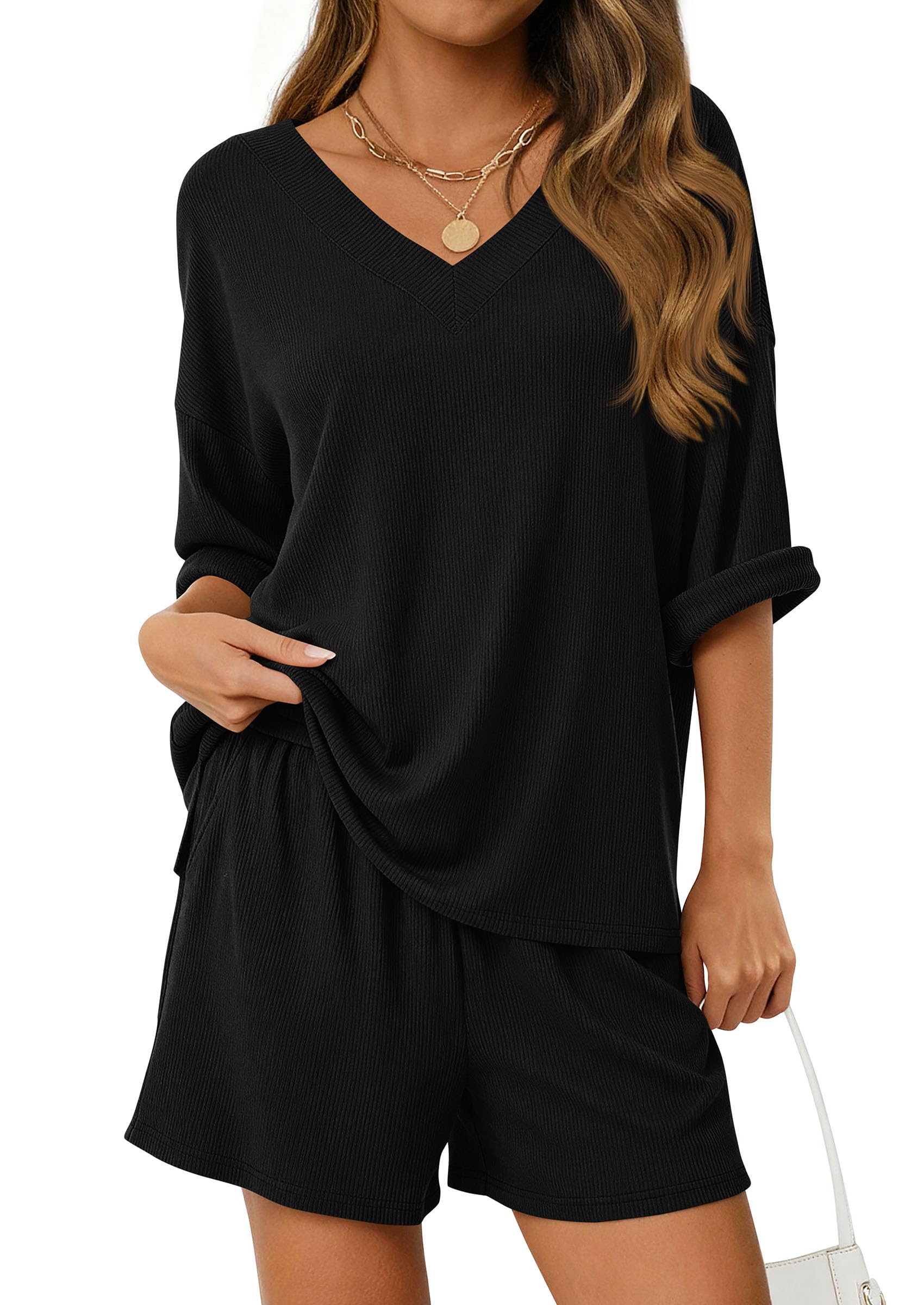 PRETTYGARDEN Womens 2 Piece Sets Summer Oversized Vneck Half Sleeve Tops Shorts Lounge Set Casual Travel Airport Outfits