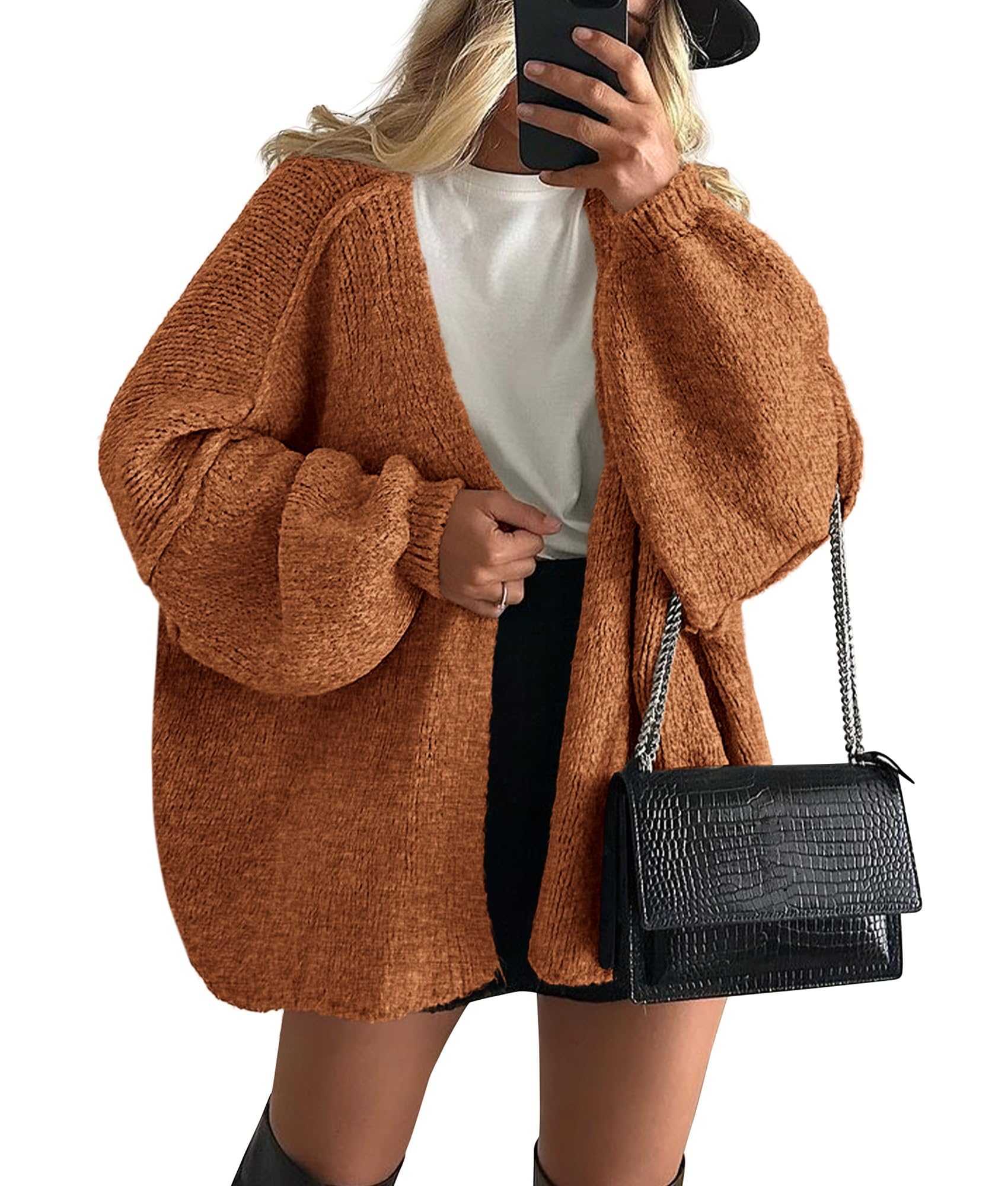 PRETTYGARDEN Womens Oversized Cardigan Sweaters Fall Long Lantern Sleeve Knit Open Front Lightweight Sweater