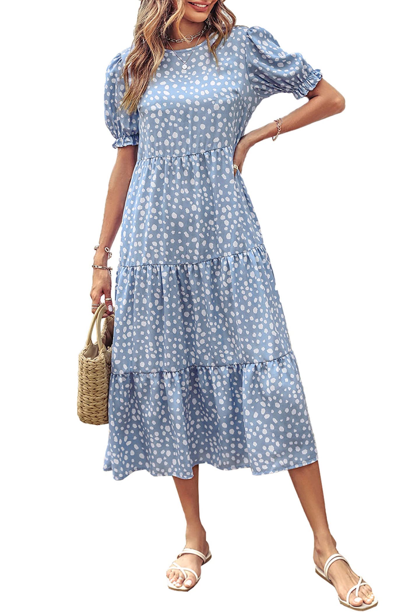 PRETTYGARDEN Summer Dresses for Women Casual Floral Boho Midi Sun Dress Puff Short Sleeve Flowy Beach Vacation Sundress