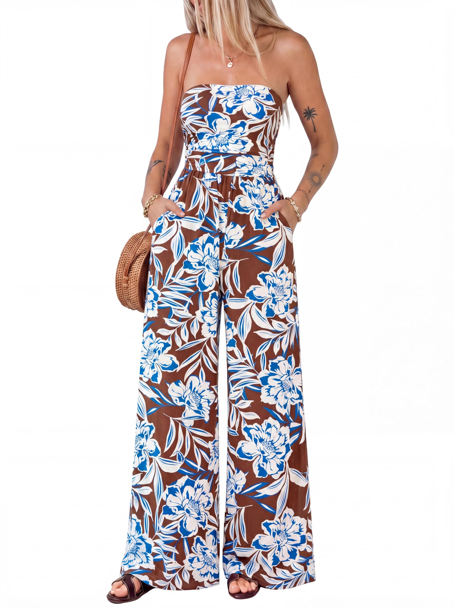 BTFBM Jumpsuits For Women Casual Floral Strapless Jumpsuit Wide Leg Rompers Beach Vacation Clothes Summer Outfits