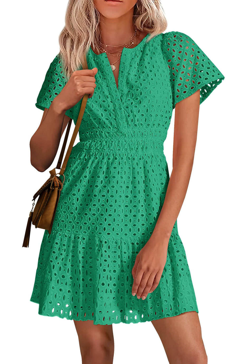 PRETTYGARDEN Womens Summer Short Dress V Neck Short Sleeve A Line Hollow Out Lace Ruffle Cute Casual Beach Party Dresses
