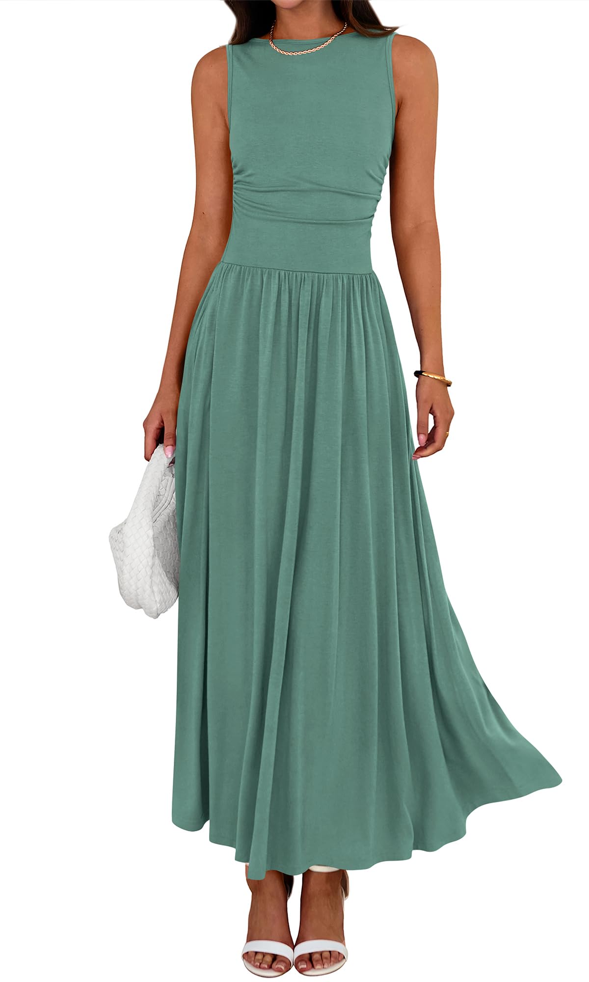 BTFBM Summer Maxi Dresses for Women Spring Sleeveless Casual Ruched High Waisted Long Sundress Flowy Beach Dress