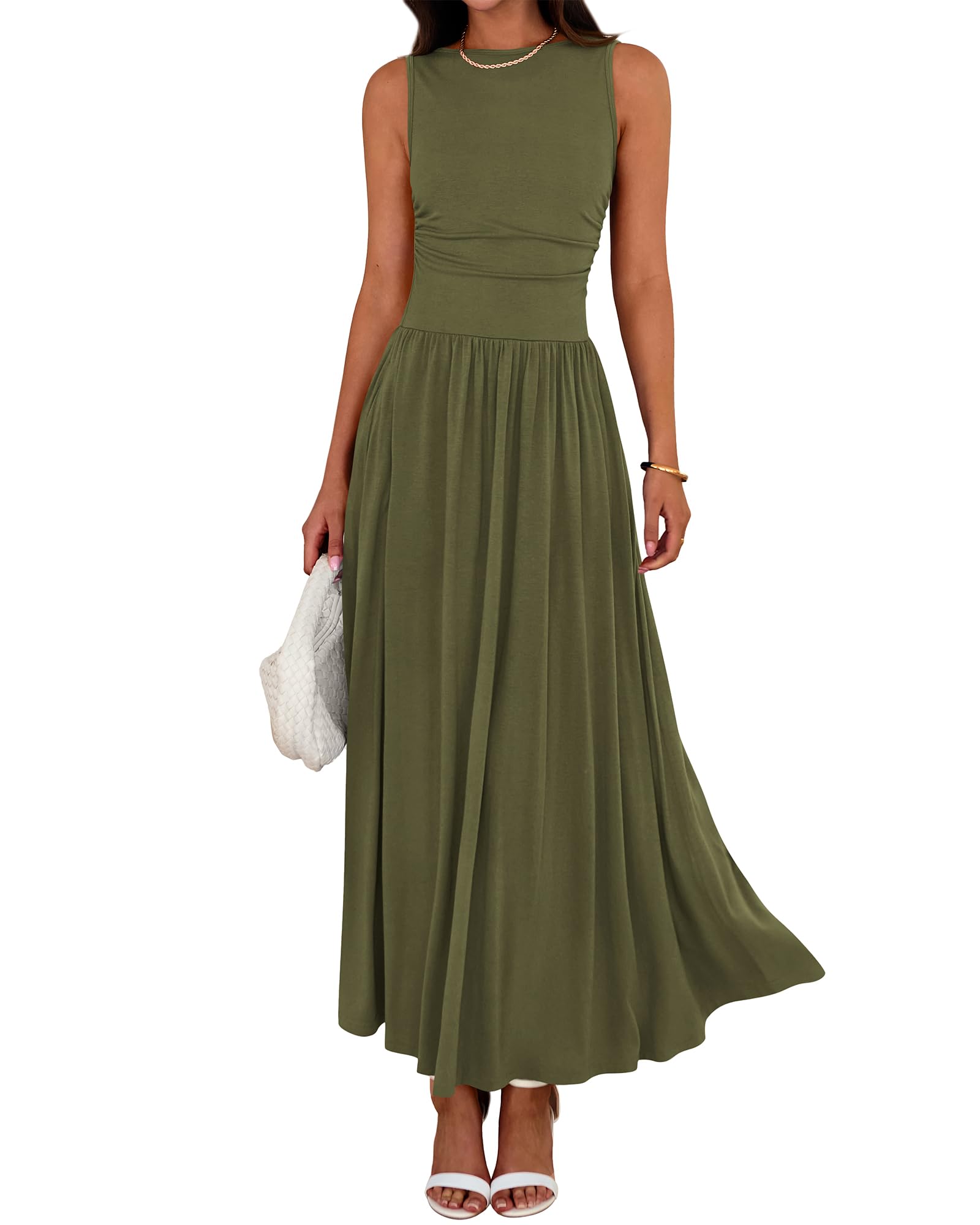 BTFBM Summer Maxi Dresses for Women Spring Sleeveless Casual Ruched High Waisted Long Sundress Flowy Beach Dress
