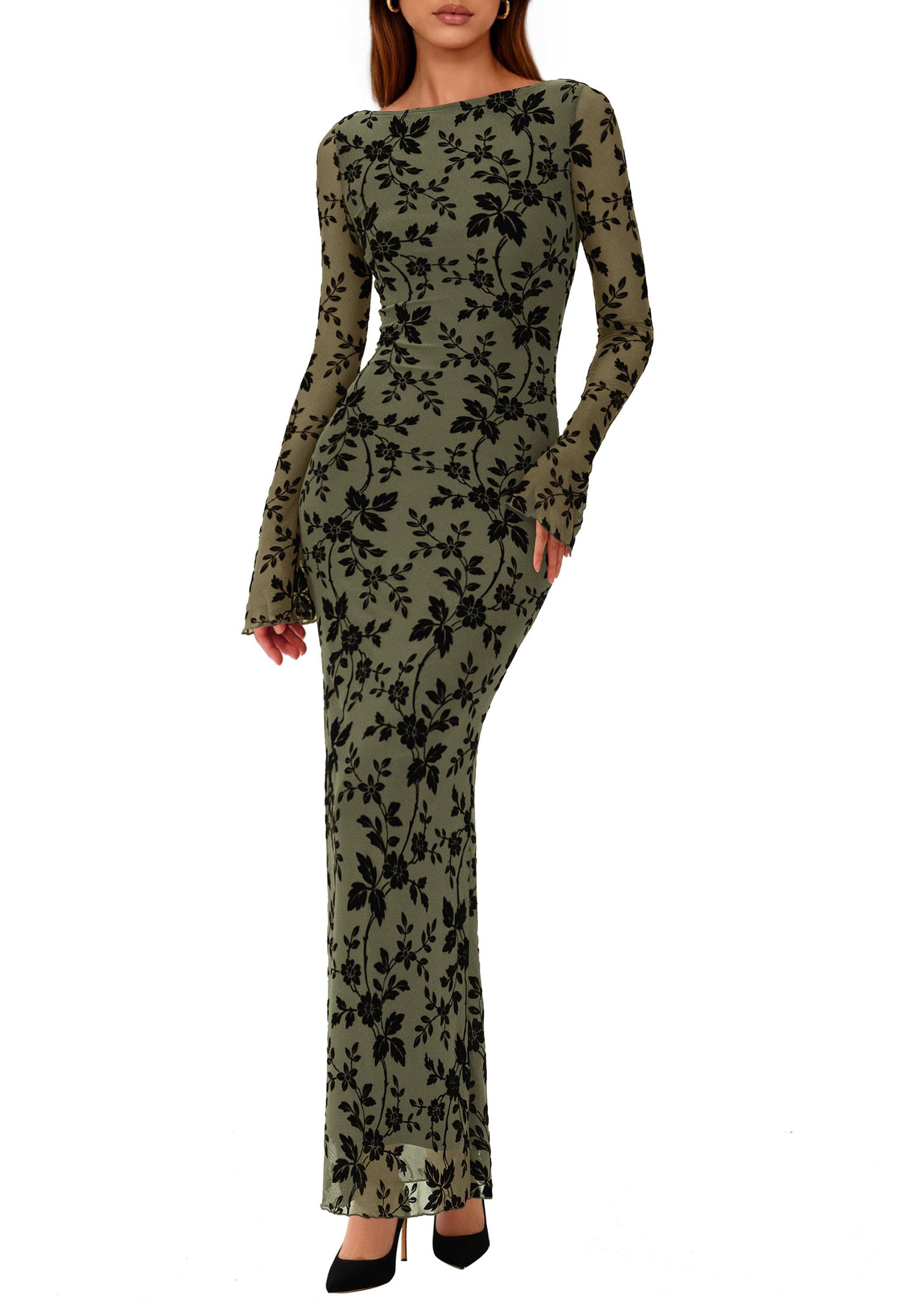 PRETTYGARDEN Women's Floral Bodycon Maxi Dress Fall Elegant Mesh Long Sleeve Formal Wedding Guest Cocktail Dresses