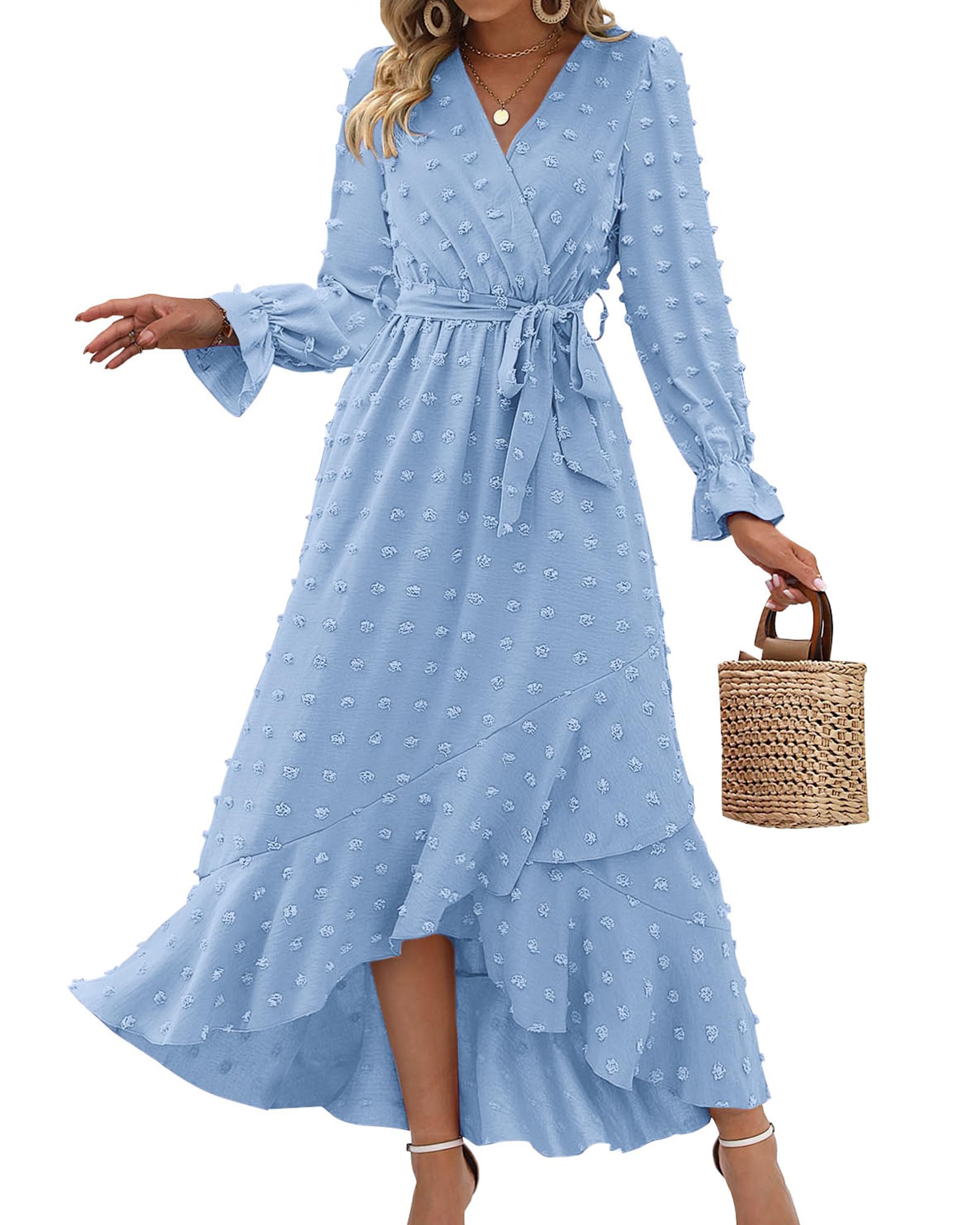 FreshPretty Long Sleeve Maxi Dresses for Women V Neck Swiss Dot Boho Flowy Slit Cocktail Wedding Guest Dress Fall Clothes