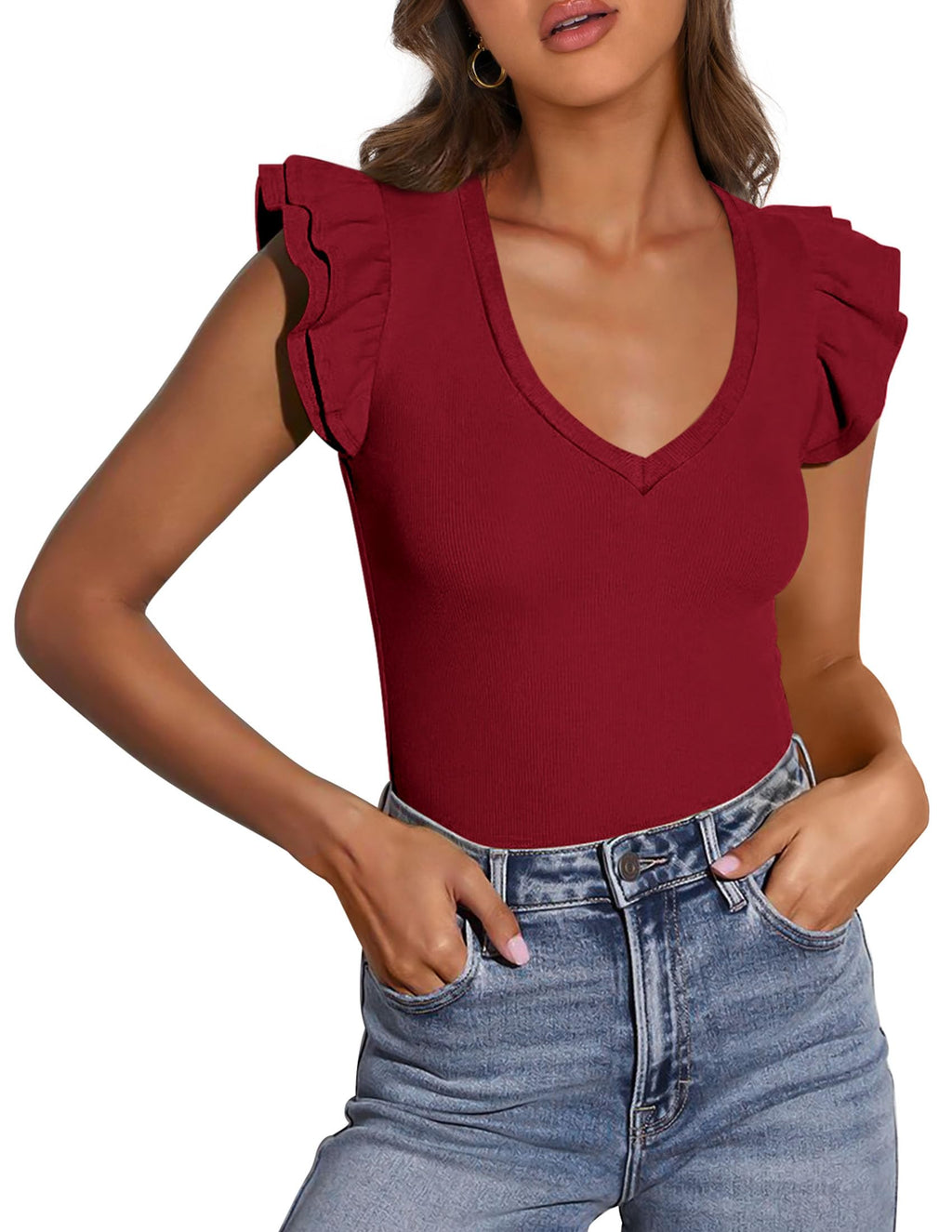 PRETTYGARDEN Womens V Neck Summer Tops Ruffle Sleeveless Slim Fit T Shirts Going Out Casual Blouses