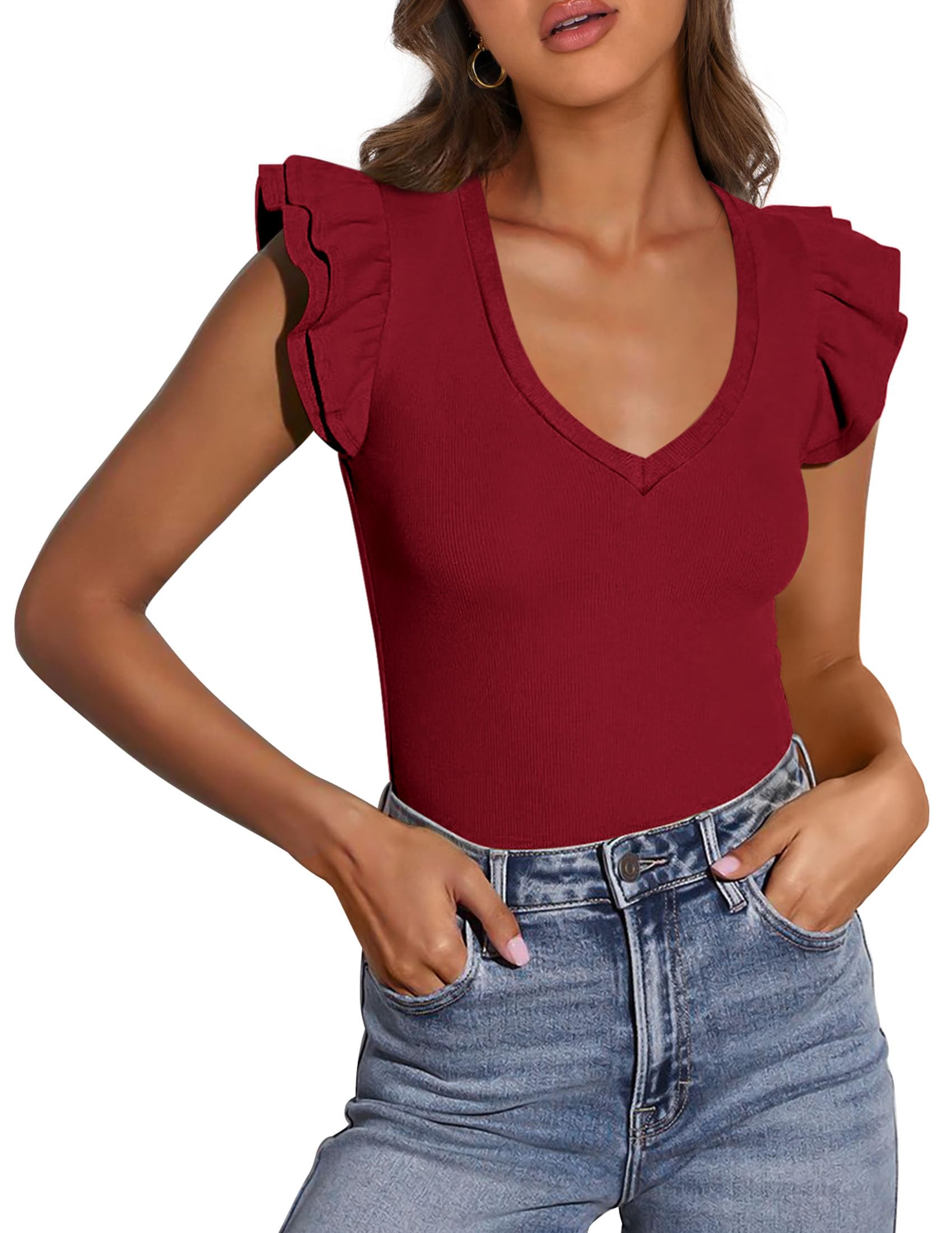 PRETTYGARDEN Womens V Neck Summer Tops Ruffle Sleeveless Slim Fit T Shirts Going Out Casual Blouses