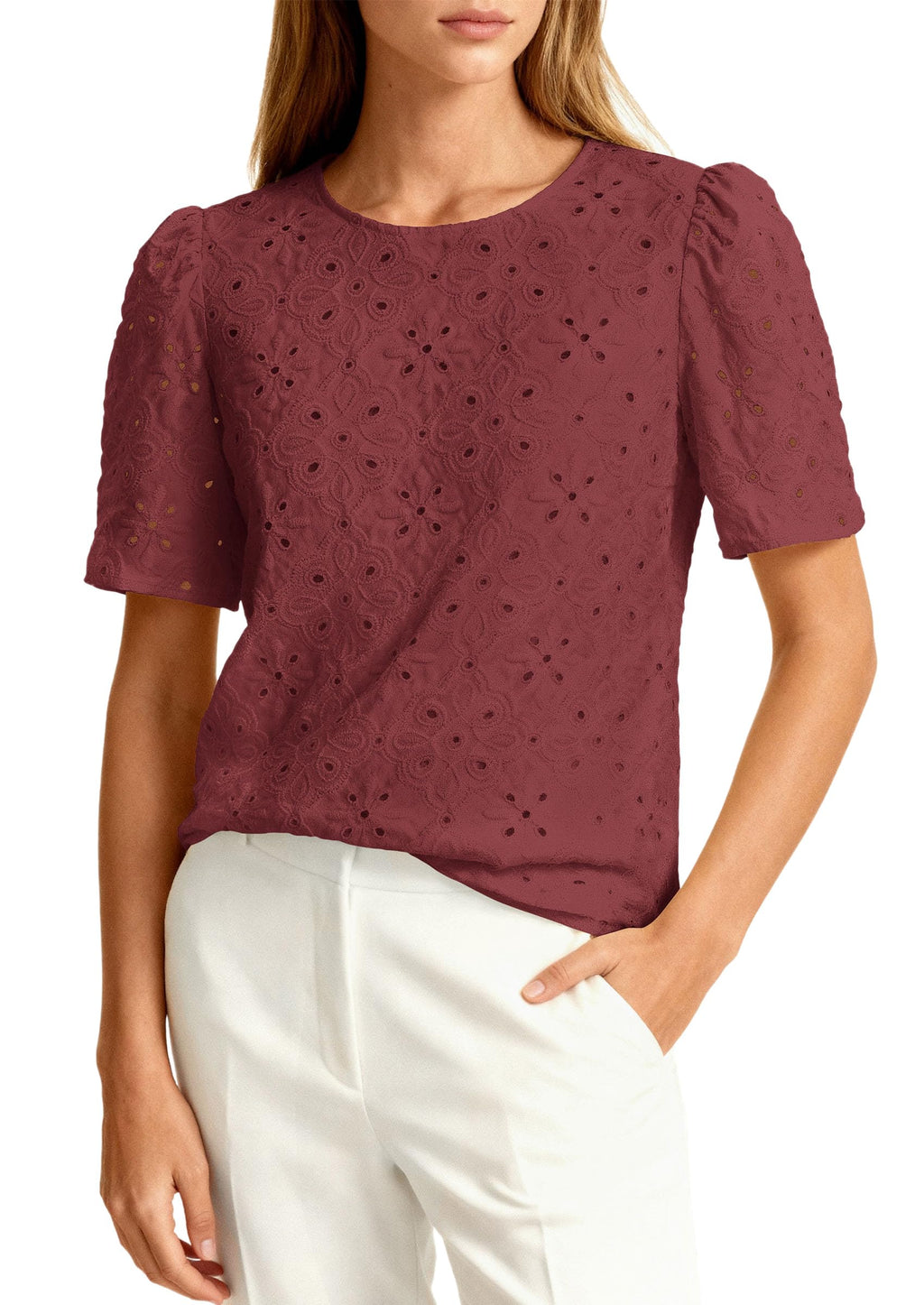 PRETTYGARDEN Women's Puff Short Sleeve Eyelet Shirts Summer Lace Blouses Dressy Casual Work Tops Spring Teacher Clothes