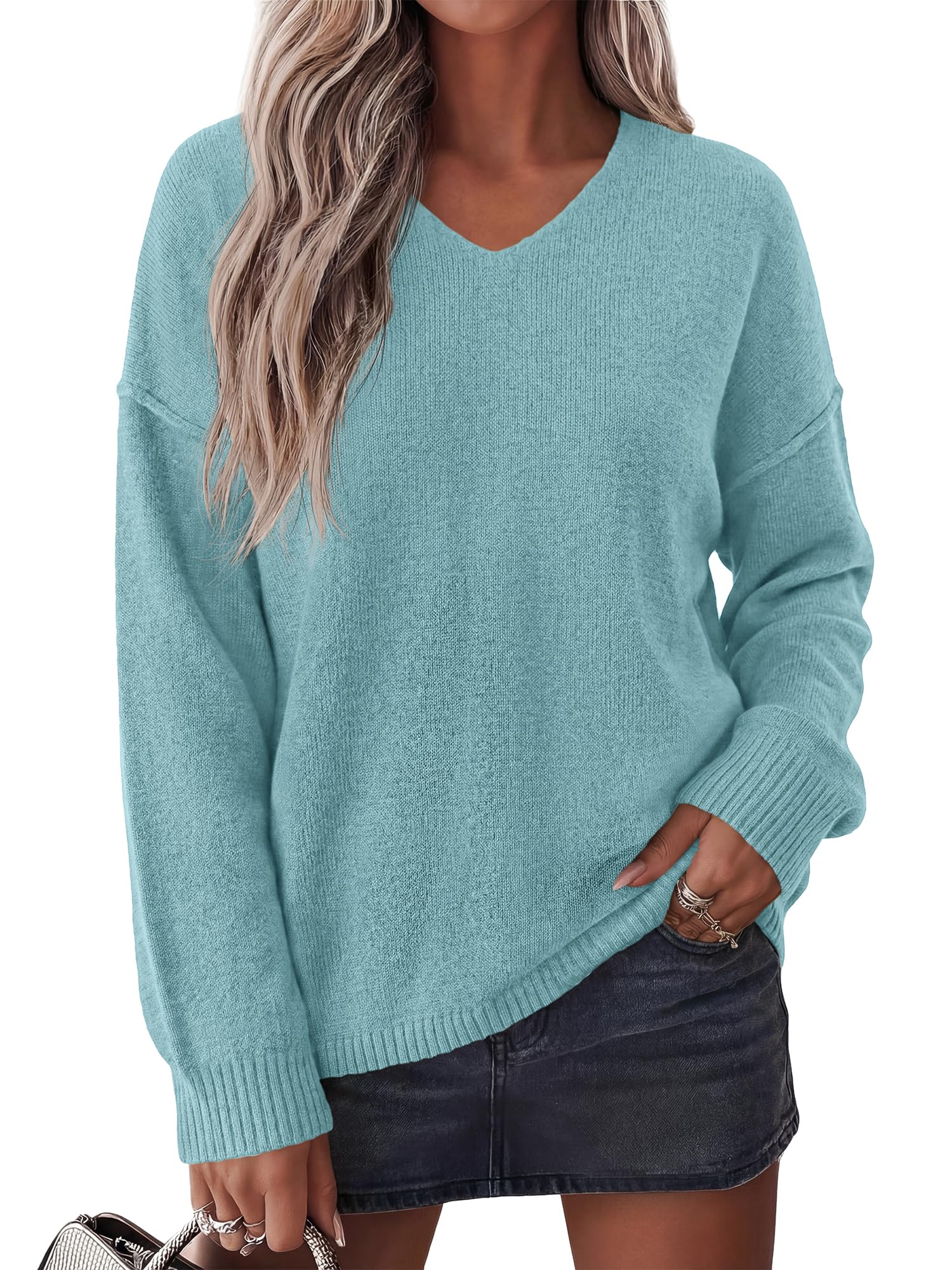 BTFBM Women's Loose Knitted Casual Sweaters | V Neck,Long Sleeve Sweater,Slouchy Pullover Tops,Fall Winter Clothes