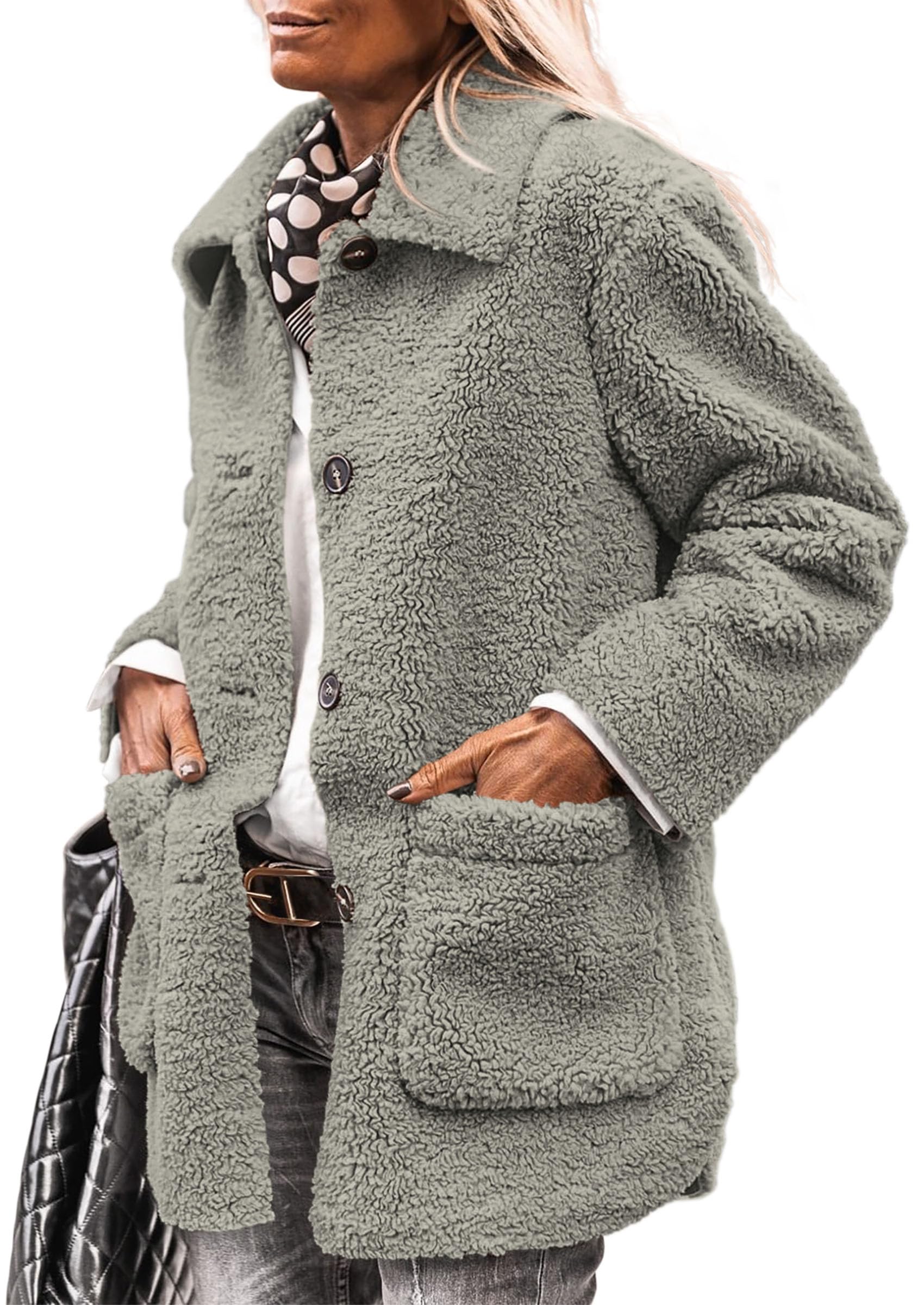 PRETTYGARDEN Women's Winter Faux Fur Coats Long Sleeve Lapel Button Down Pockets Fleece Sherpa Jacket Casual Trendy Outerwear