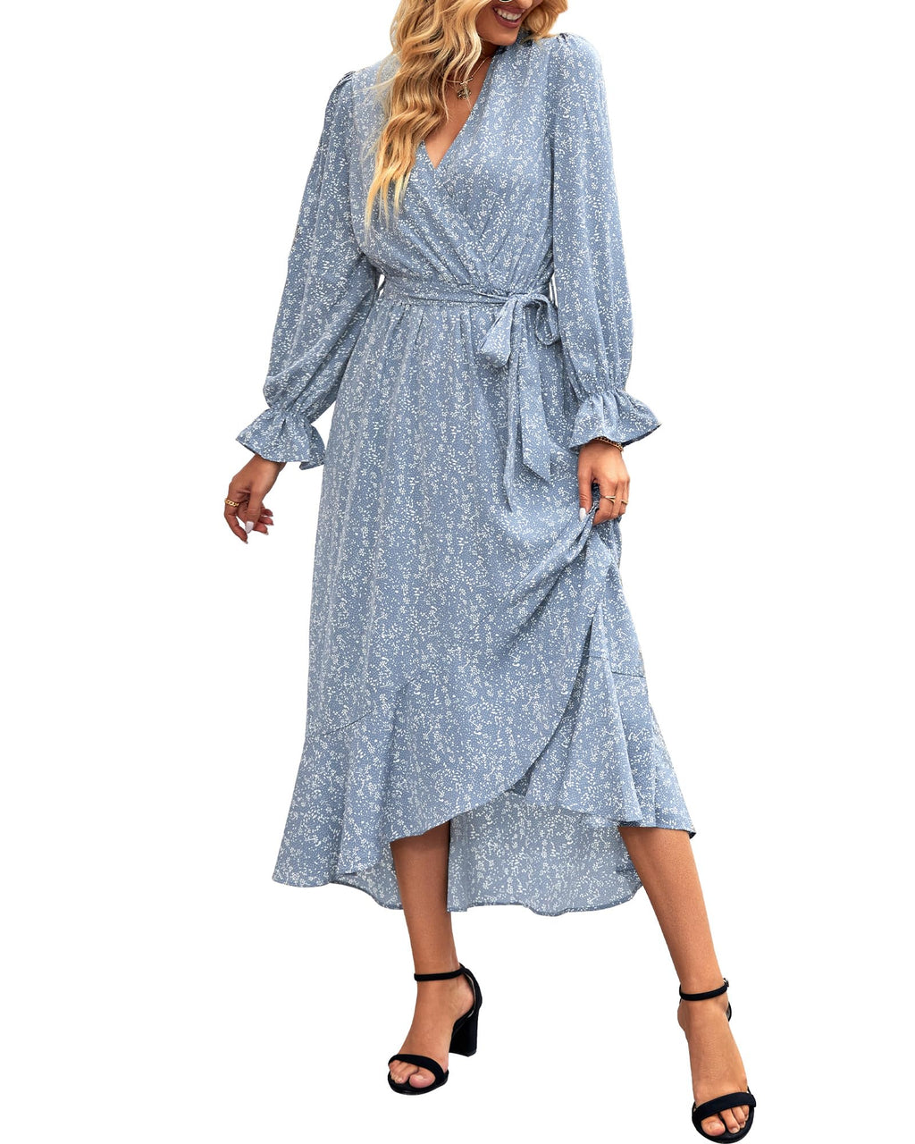 BTFBM Womens Dresses Summer V Neck Floral High Waist Ruffle Wedding Guest Cocktail Boho Spring Long Sleeve Dress
