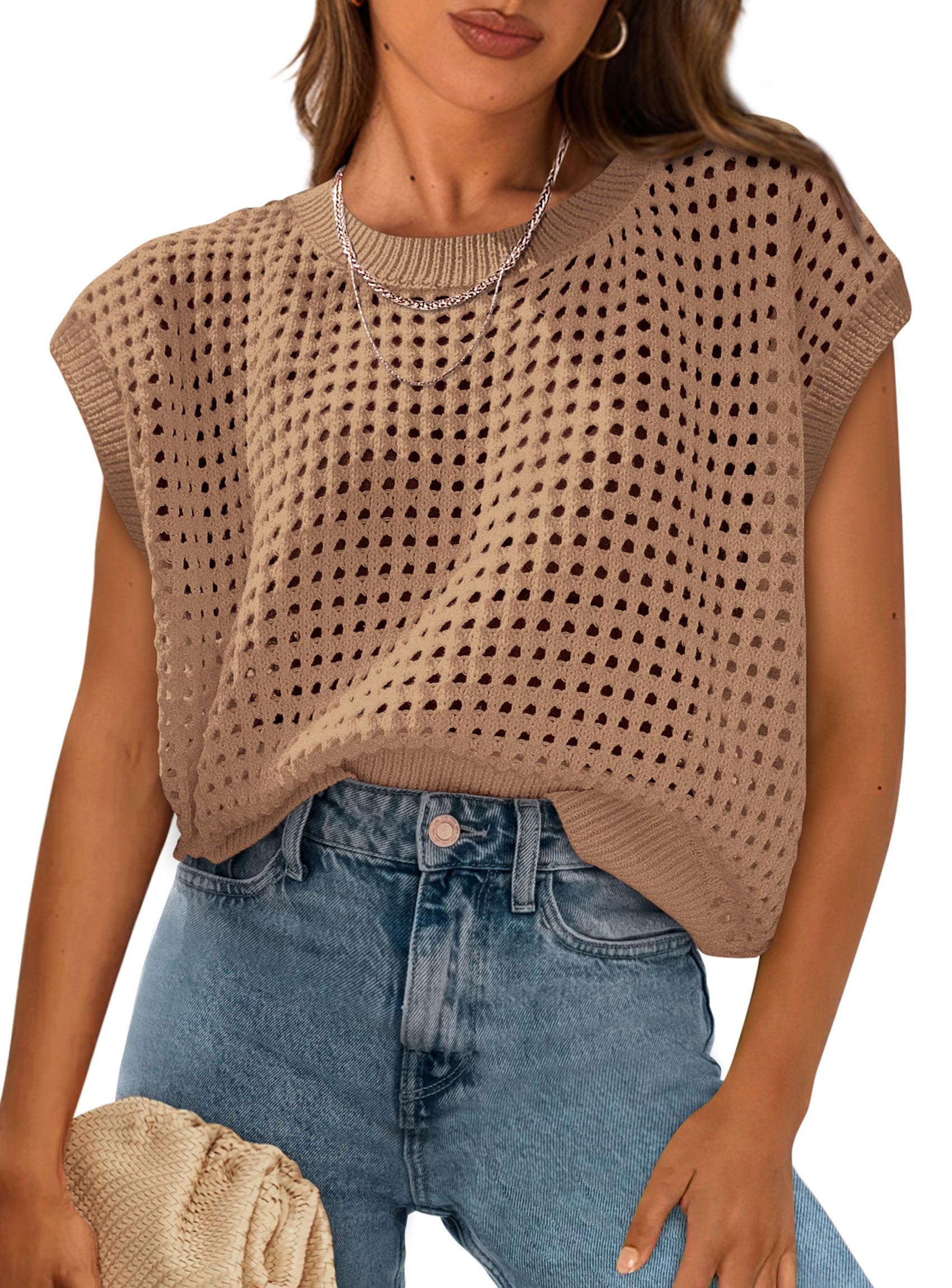 PRETTYGARDEN Womens Spring Tops Summer Shirts Crochet Cap Sleeve Sweater Pullover Cute Beach Vacation Clothes