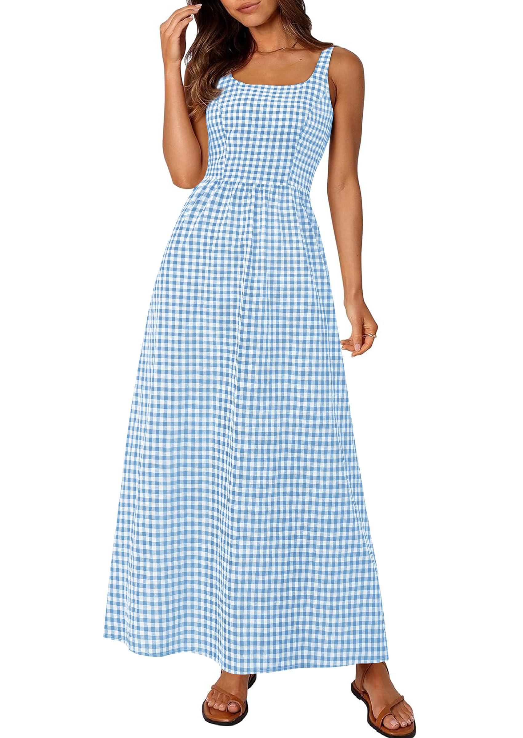 PRETTYGARDEN Women's Summer Spaghetti Strap Maxi Dresses Plaid Square Neck A Line Casual Beach Vacation Long Sundress