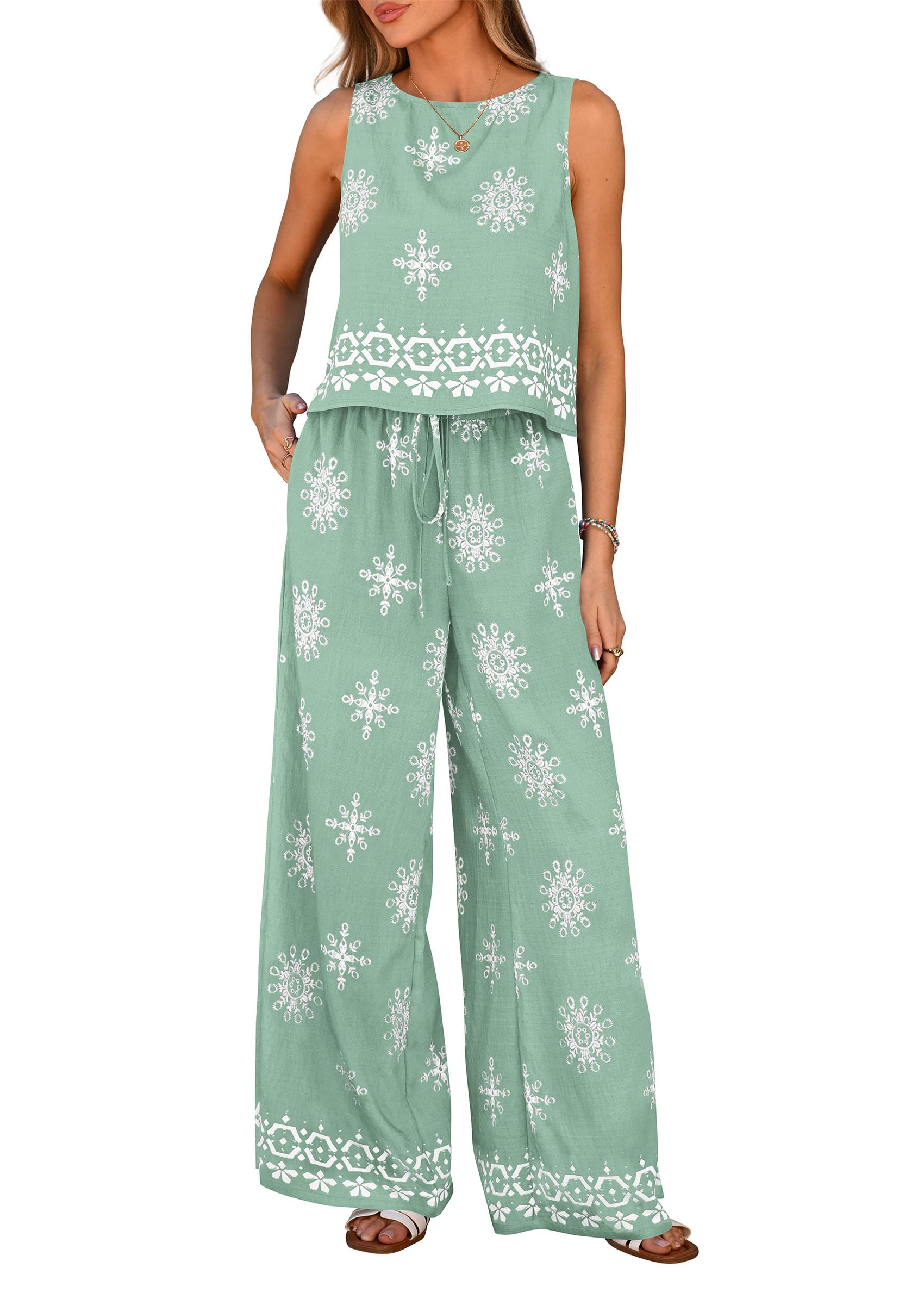 PRETTYGARDEN Women's Summer 2 Piece Lounge Sets Boho Floral Tank Tops Flowy Wide Leg Pants Travel Beach Vacation Outfits