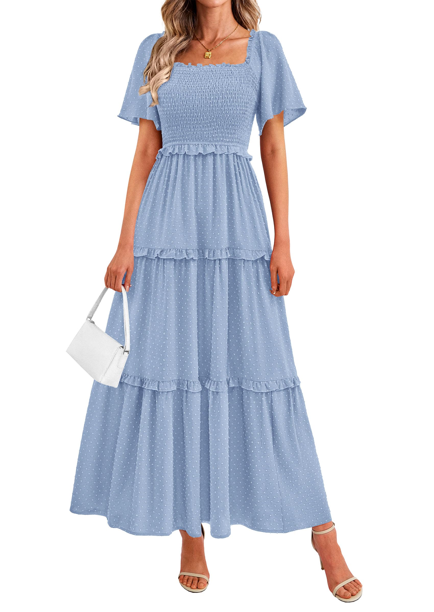PRETTYGARDEN Summer Dresses for Women Boho Swiss Dot Smocked Square Neck Short Sleeve Spring Wedding Guest Maxi Dress