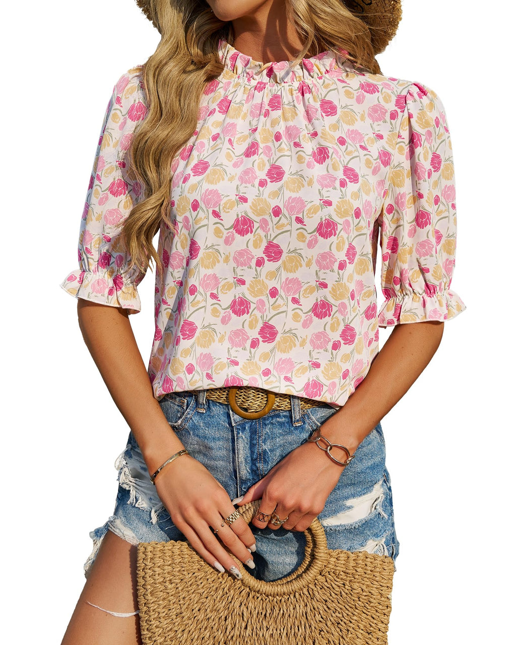 FreshPretty Women's Dressy Casual Blouses Business Work Tops Lace Trim Short Sleeve Office Shirts Summer Spring Outfits