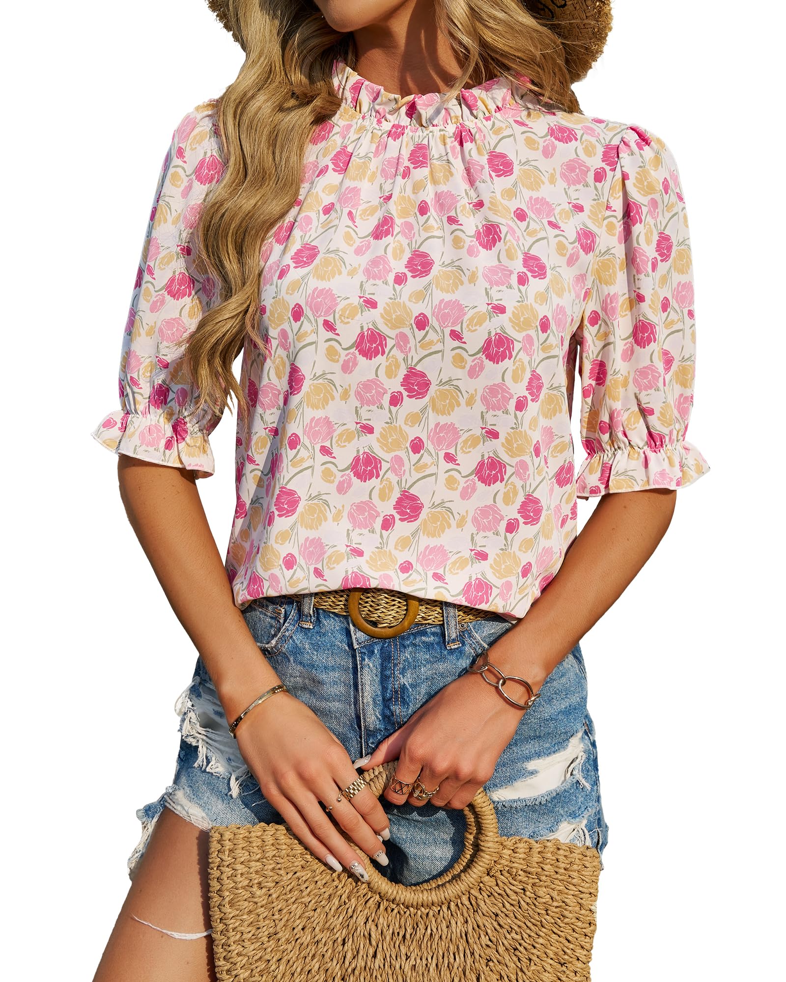 FreshPretty Women's Dressy Casual Blouses Business Work Tops Lace Trim Short Sleeve Office Shirts Summer Spring Outfits