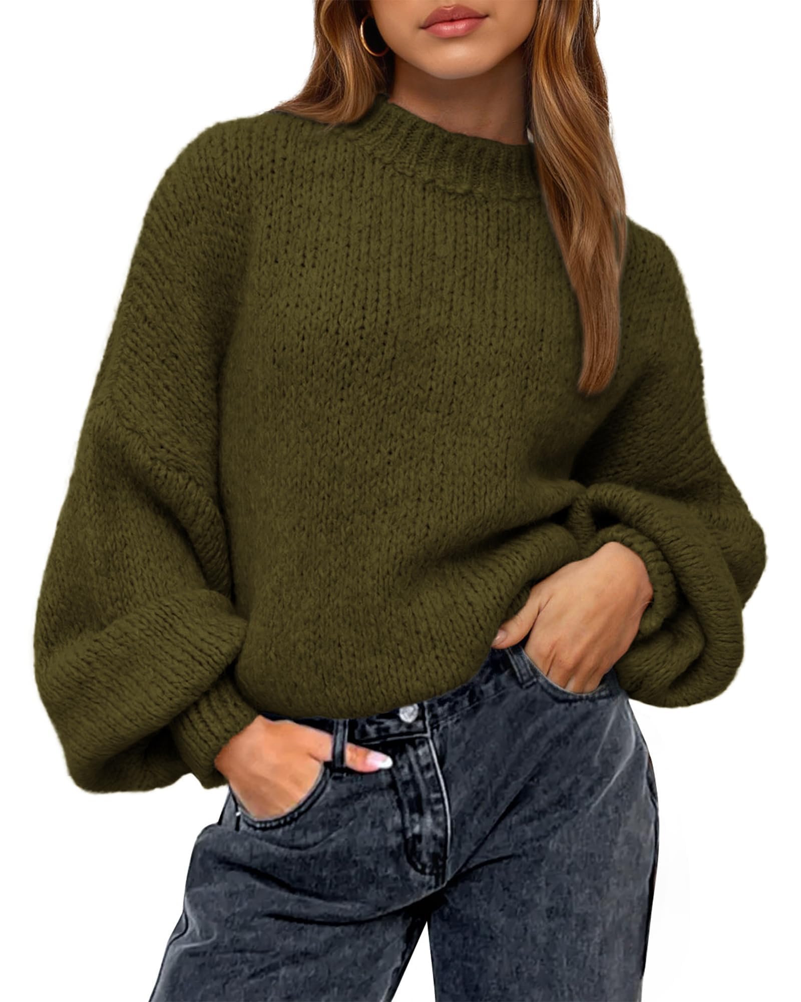 BTFBM Sweaters for Women Fall Crew Neck Lantern Long Sleeve Oversized Sweater Casual Knit Winter Pullover Tops