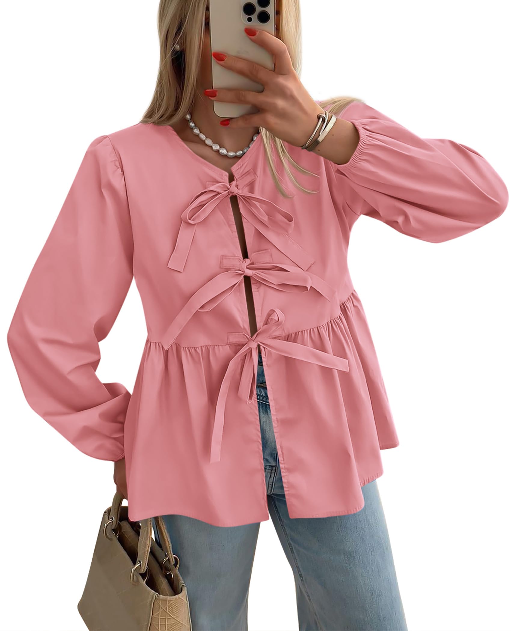 PRETTYGARDEN Women's Spring Fall Babydoll Peplum Blouse Shirt Puff Long Sleeve Bow Tie Front Trendy Cute Y2K Going Out Tops