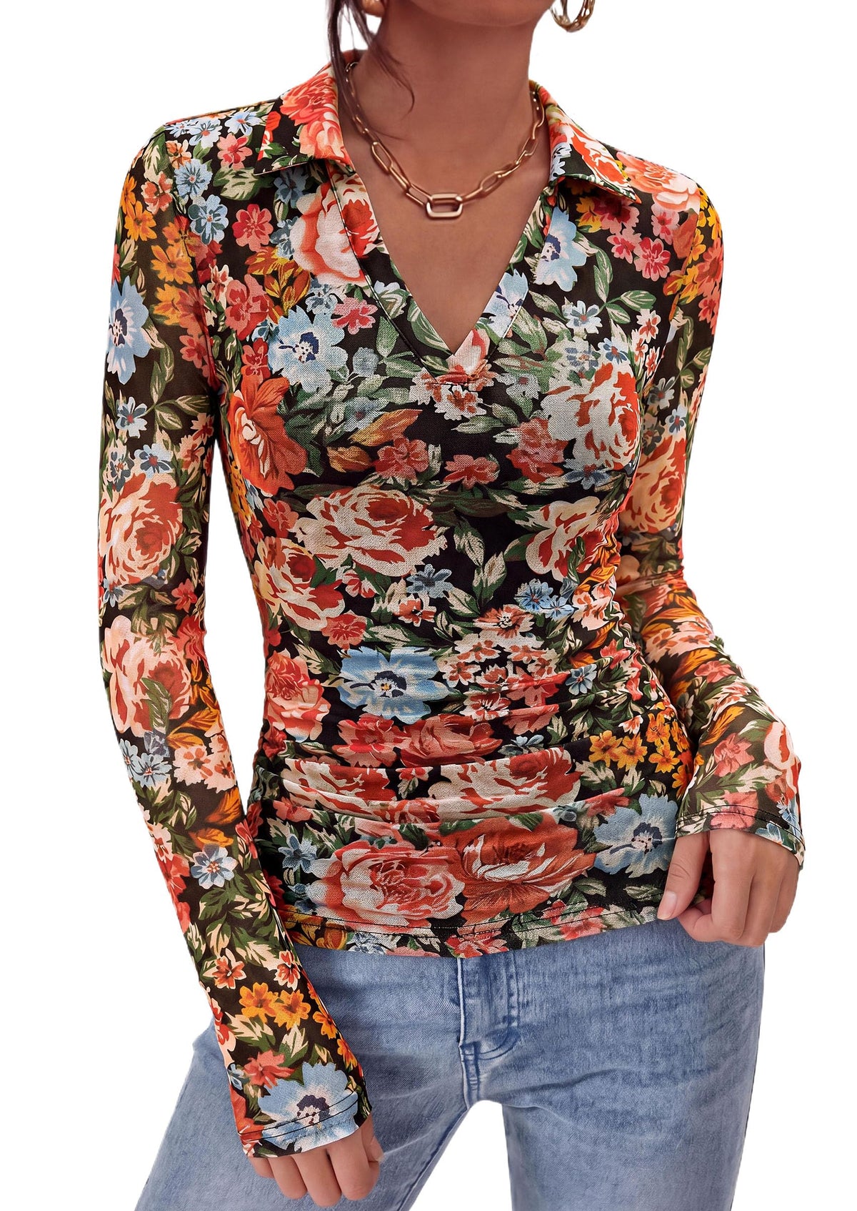 PRETTYGARDEN Women's Long Sleeve Boho Floral Mesh Tops Fall V Neck Blouses,Fitted Polo Shirts, Collared, Double Lined, Dressy Casual, Going Out Date Night Outfits, Spring Lightweight Travel Clothes