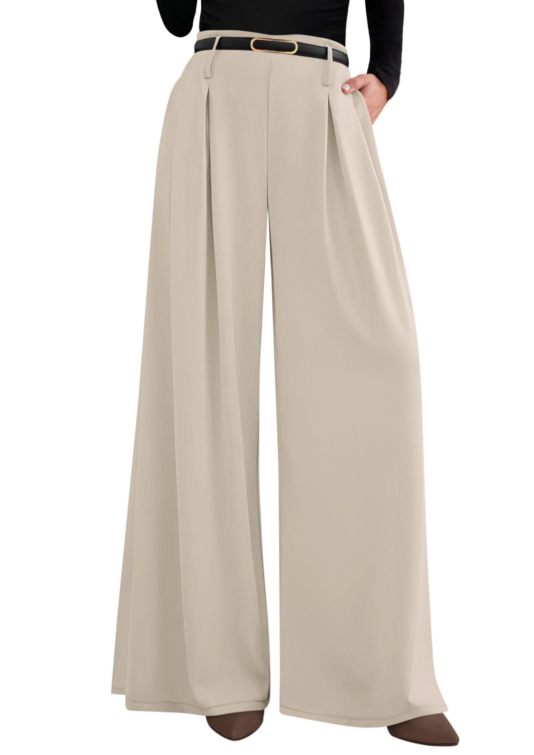 PRETTYGARDEN Womens Spring Wide Leg Trousers High Elastic Waist Loose Pleated Long Flowy Palazzo Work Pants with Pockets