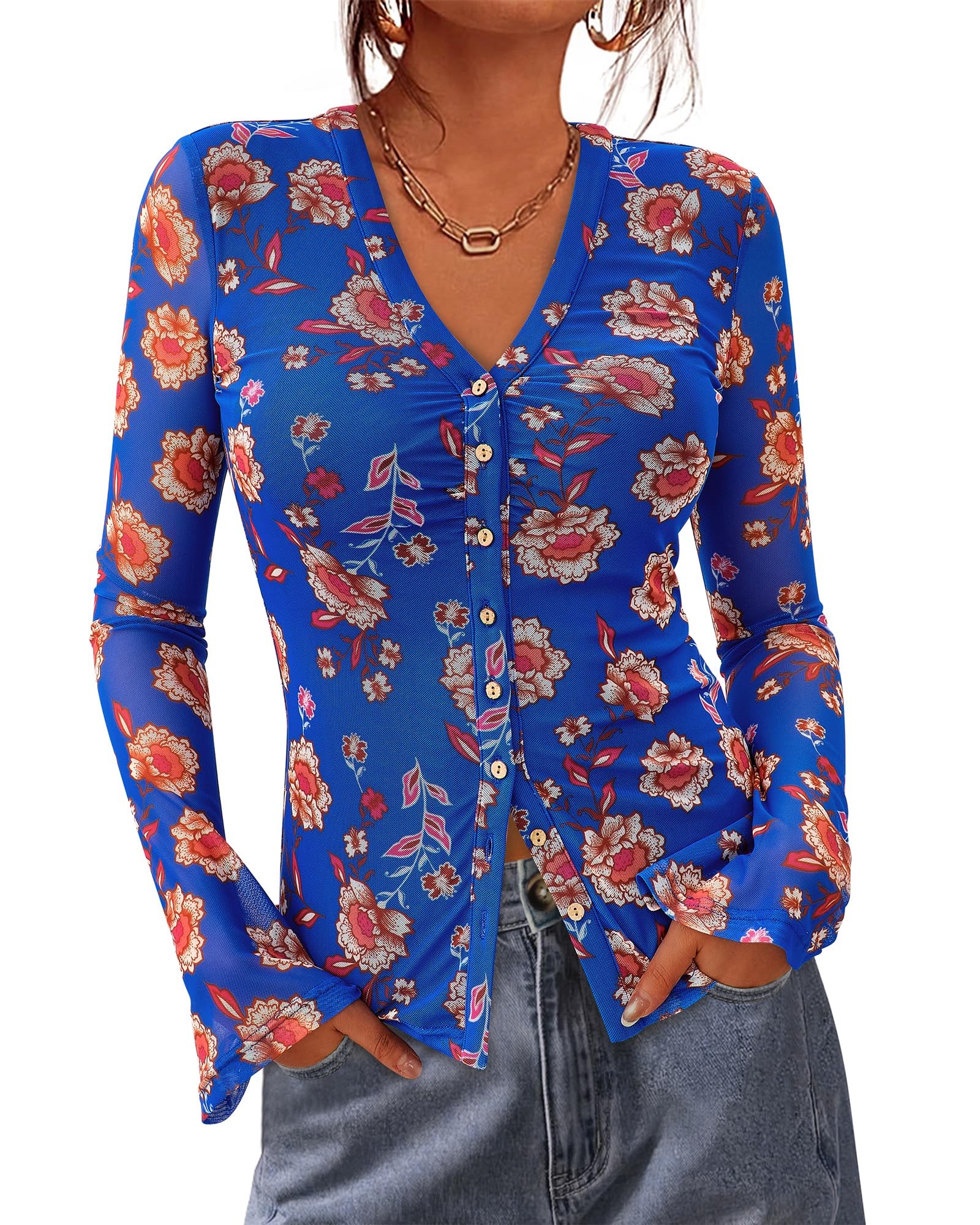 BTFBM Button Down Shirts for Women Spring Boho Tops V Neck Long Sleeve Blouses Ruched Mesh Fitted Fall Fashion
