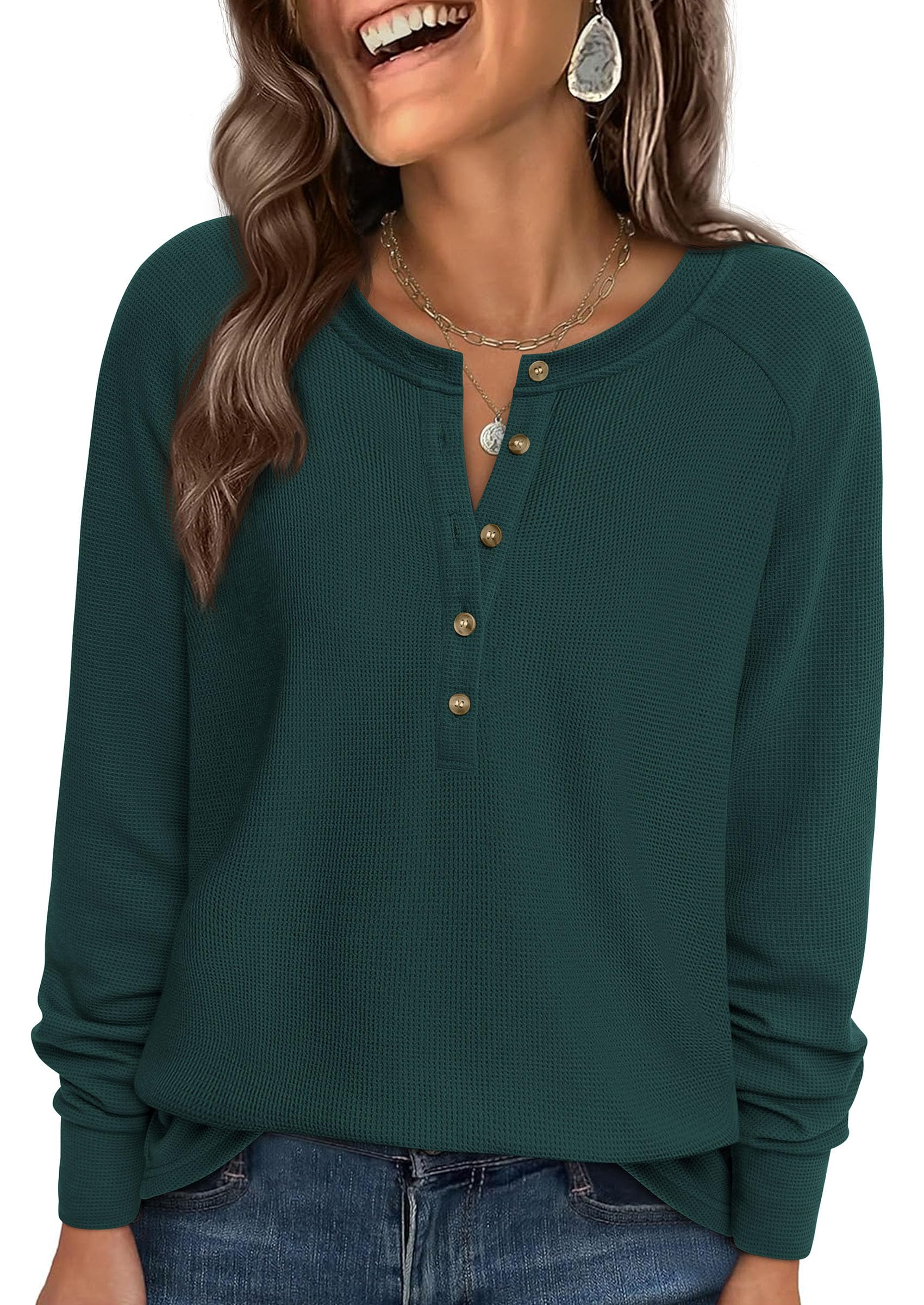 PRETTYGARDEN Women's Long Sleeve Waffle Knit Shirts Fall Casual Button Up Henley V Neck Tunic Tops Loose Fit Basic Tees
